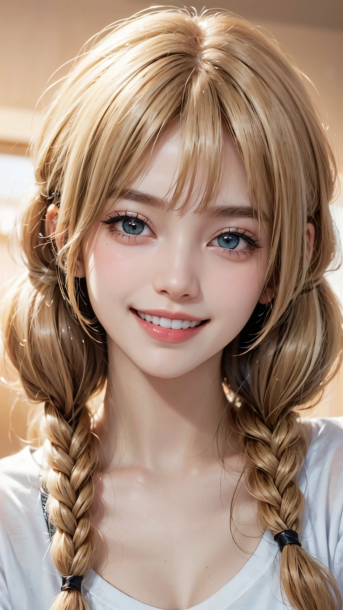 (UHD, retina, masterpiece, accurate, anatomically_correct, textured_skin, super_detail, high_details, high_quality, best_quality, high_res, 1080P, HD, 4K, 8k, 16k), (beautiful_detailed_eyes, beautiful_detailed_lips, extremely_detailed_eyes_and_face), soft_lighting, physically-based_rendering, vivid_colors, (shiny_hair, shiny_skin, tanned_skin, blush), (bangs:1.5), eye_reflection, (bokeh, simple_background), (1_girl, blonde_hair, smile_and_laugh:1.5), white t-shirt, (twintails:1.2),