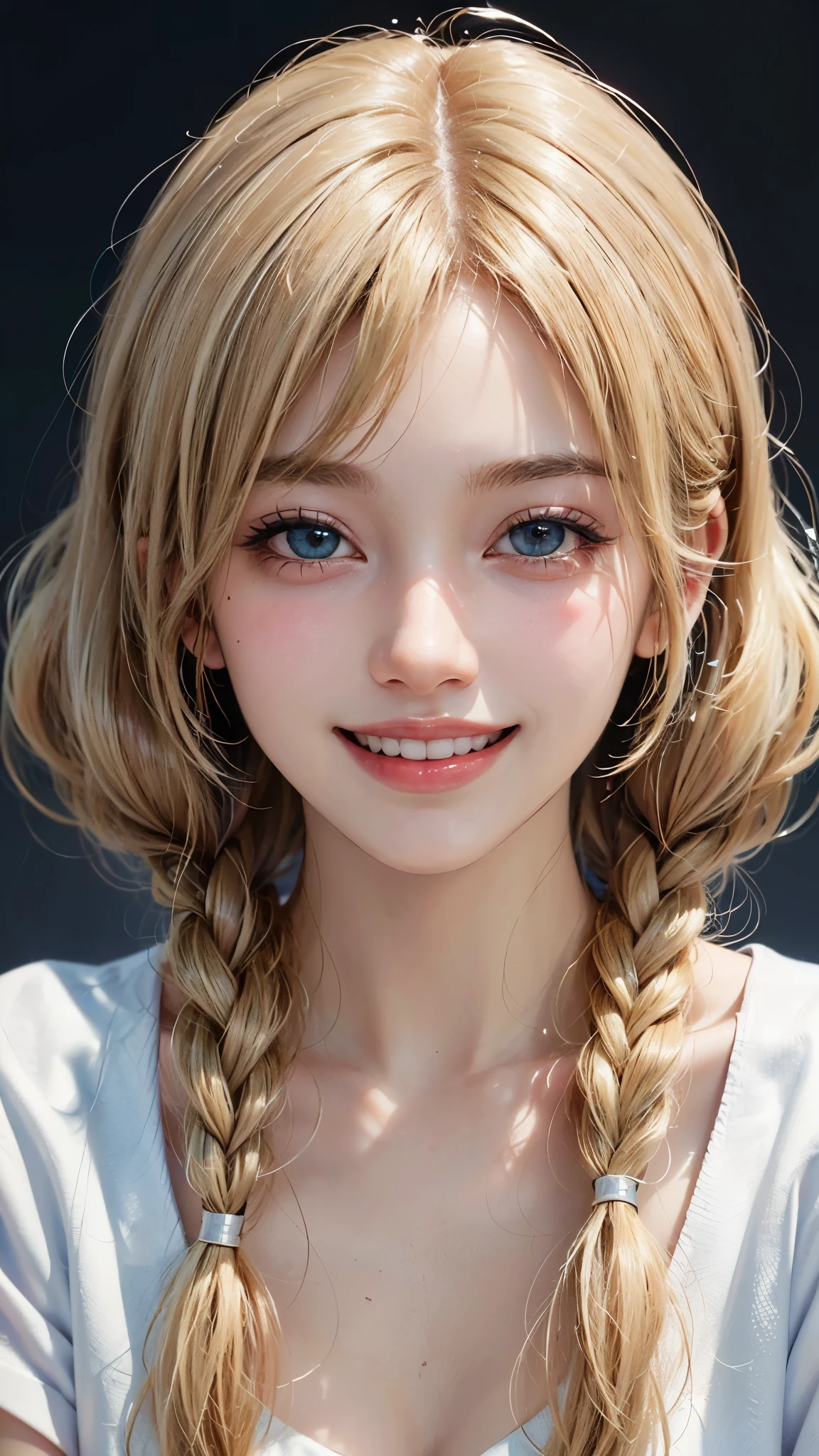 (UHD, retina, masterpiece, accurate, anatomically_correct, textured_skin, super_detail, high_details, high_quality, best_quality, high_res, 1080P, HD, 4K, 8k, 16k), (beautiful_detailed_eyes, beautiful_detailed_lips, extremely_detailed_eyes_and_face), soft_lighting, physically-based_rendering, vivid_colors, (shiny_hair, shiny_skin, tanned_skin, blush), (bangs:1.5), eye_reflection, (bokeh, simple_background), (1_girl, blonde_hair, smile_and_laugh:1.5), white t-shirt, (twintails:1.2),