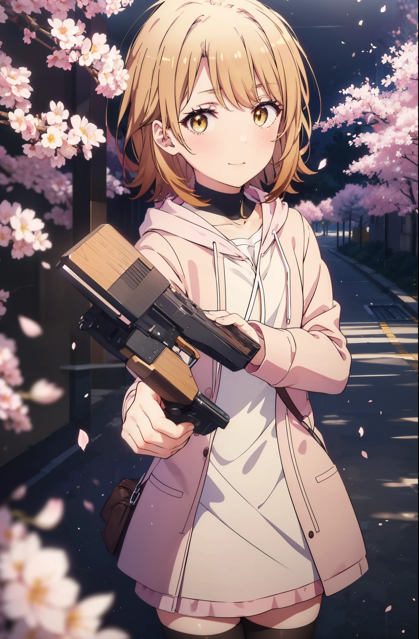 irohaisshiki, iroha isshiki, short hair, brown hair, (brown eyes:1.5), blush,smile,open your mouth,pink hoodie,short denim pants,black tights,knee high boots,Lots of cherry blossoms are blooming,Cherry blossoms are scattered,
break indoors, Cherry blossom tree-lined path,
break looking at viewer,whole body,Upper body,
break (masterpiece:1.2), highest quality, High resolution, unity 8k wallpaper, (shape:0.8), (thin and beautiful eyes:1.6), highly detailed face, perfect lighting, Very detailed CG, (perfect hands, perfect anatomy),