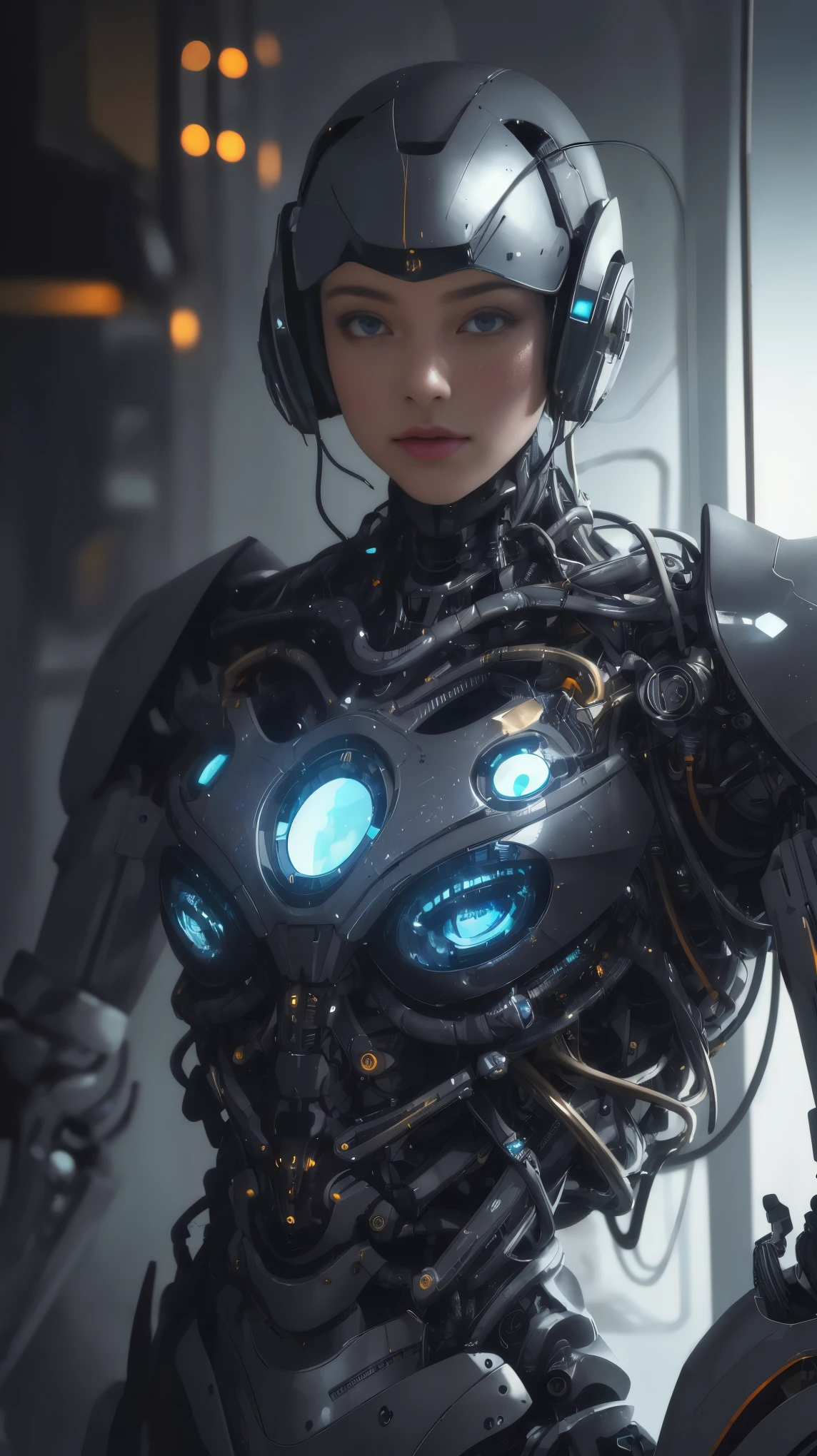 1. Machine Girl,((Ultra-Realistic Details)), Portraiture, Global Illumination, Shadow, Octane Rendering, 8k, Ultra Sharp,Metal,Complex, Decorations detailed, Cool colors, More about Egypt, highly Complex details, Realistic Light, Trending on CGSociety, Glowing Eyes, To the camera, Neon Details, Mechanical limbs,Blood vessels connected to tubes,Mechanical vertebrae attached to the back,Cervical vertebrae mechanically attached to the neck,Sitting,Wires and cables connecting to the head,Smile,