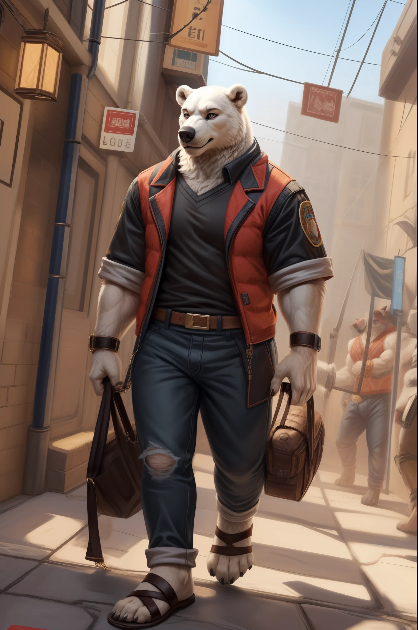 Barefoot furry character, full body, furry boy.

Polar bear, denim pants, black walking sandals, nice feet paws, in train

BREAK, detailed background, 8K, (masterpiece), intricate details, highly detailed, extreme detail, best quality, highres, (detailed face), nice face, ((full_body)), UHD, ((perfect hands)), ((clean anime))