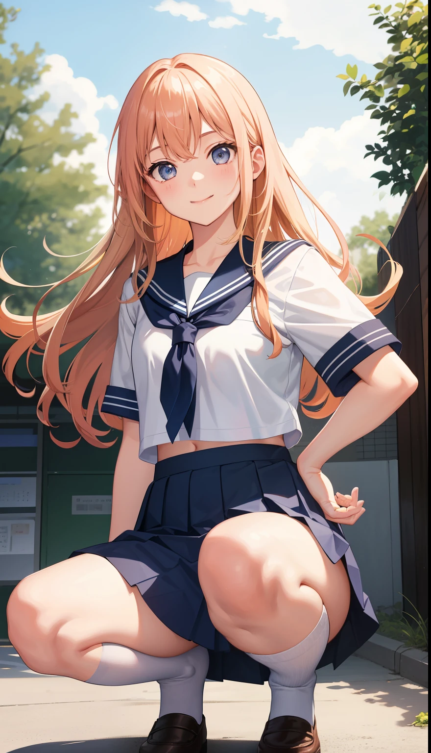 1 girl、as adult、smile、white underwear、pretty girl、（small breasts）、high school student、uniform、Serafuku、、Portrait from the crotch up、skirt、Wind、squat、