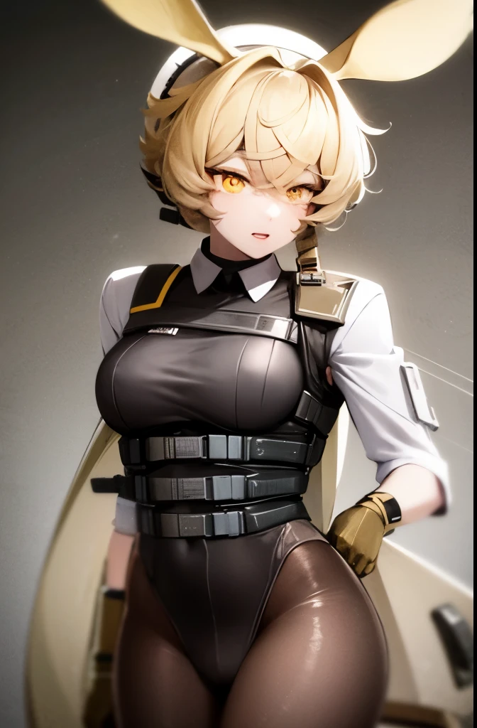  soothing tones, muted colors, high contrast, (natural skin texture, hyperrealism, soft light, sharp), police uniform, tactical vest, jerboa ears, yellow hair, yellow eyes