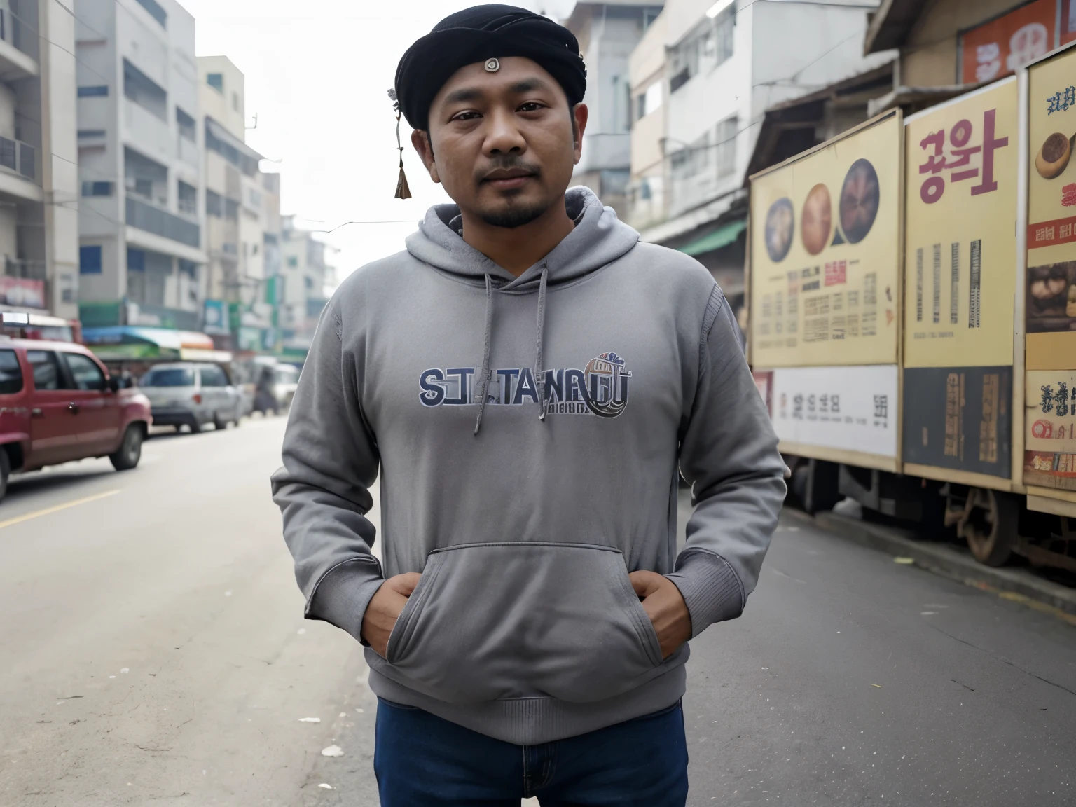 seorang lelaki indonesia tampan berumur 15 tahun berambut pendek ala korea, mengenakan hoodie warna abu-abu, celana jeans hitam, dan memakai sepatu canvas dari ventela, full body. sedang jalan pagi di trotoar depan department store. cahaya pagi yang bokeh menyinari kota, detail tajam, sangat detail, sangat realistis, latar belakang buram alami. sangat realistis, detail rumit
