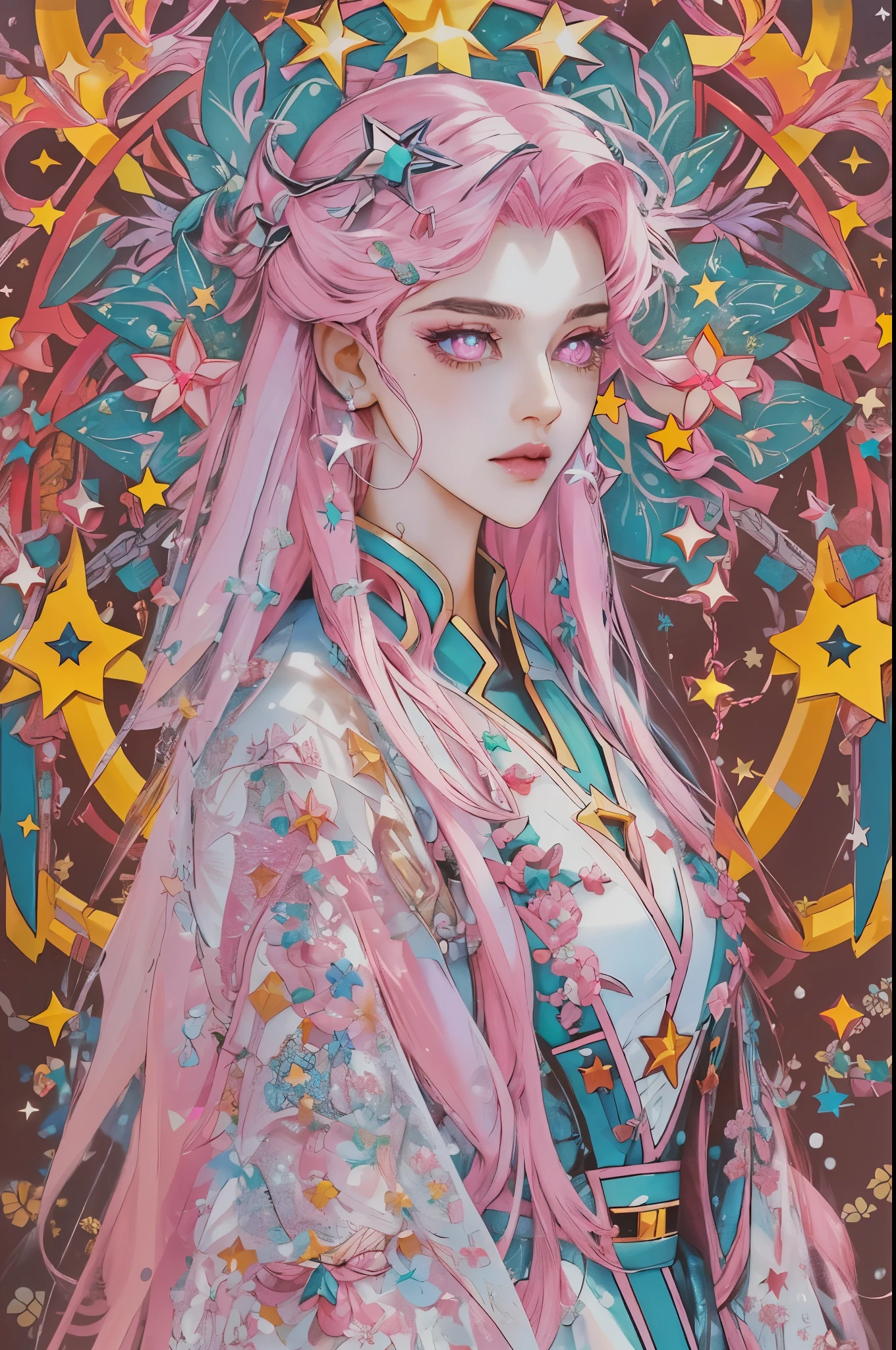 ((masterpiece))) whole body, whole body Shot (a girl) ((pink hair, long hair, straight hair, Both sides face up))), ((green eyes))), eye shadow, Eyeliner, glowing eyes, Super detailed eyes, complicated eyes, beautiful eyes, delicate eyes, (((star shaped pupils, glowing pink pupils))) 18 year old girl. (Wearing a transparent jacket made of PVC)) huge cool weapon machine in hand, huge cool weapon machine, Mecha, Mechaanism, machine, open stance, merge
