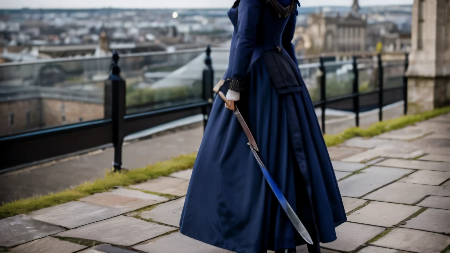 Violet evergarden wearing an assassins hood on roof top in england victorian era dark blue attire