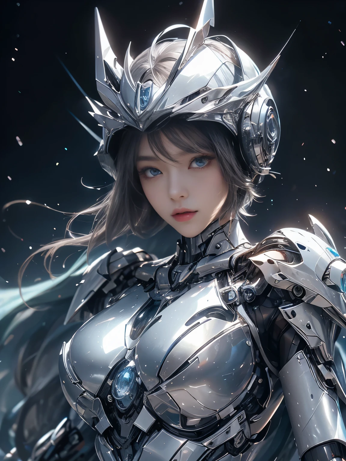 best image quality, excellent details, ultra high resolution, (realism: 1.6), best illustrations, Favor details, condensed 1girl, With a delicate and beautiful face, (Dressed in a silver and blue mecha),((wearing a Mechanical helmet )), Accurately express details such as faces and skin textures,((beautiful face and eyes)), (short hair),slender body shape,alone,medium breast,The background is a high-tech lighting scene of a futuristic city.