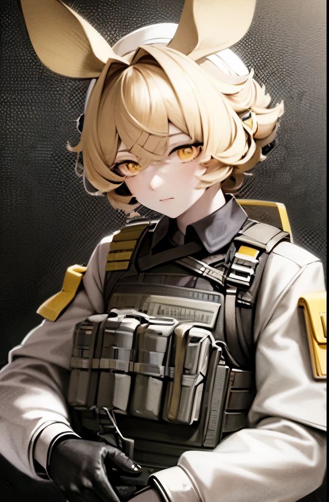  soothing tones, muted colors, high contrast, (natural skin texture, hyperrealism, soft light, sharp), police uniform, tactical vest, jerboa ears, yellow hair, yellow eyes