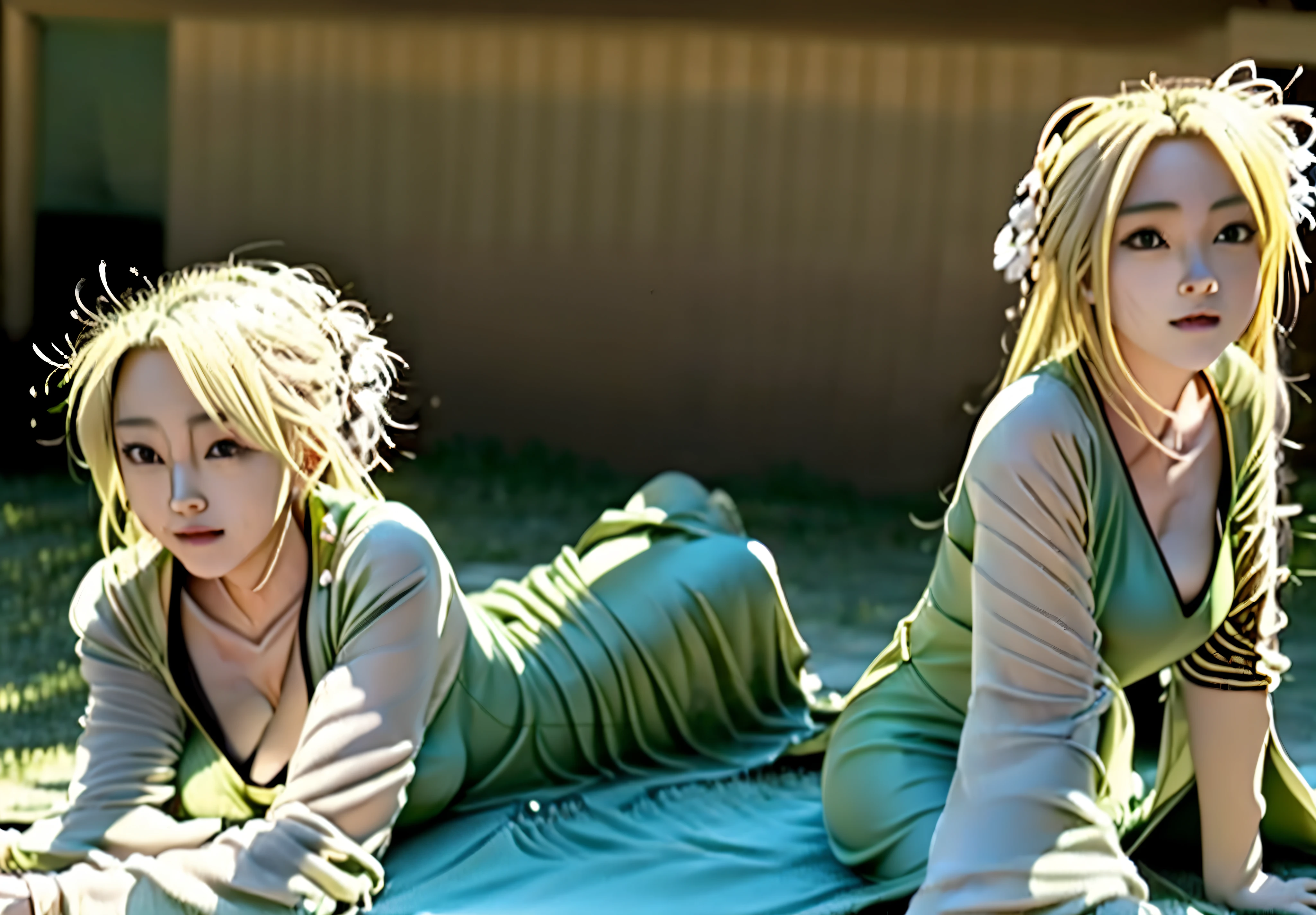 Beautiful blonde girl in green dress lying on the floor with legs crossed, tsunade From Naruto, The strongest posture, 3D animation realistic, realistic animation3D风格, lying position, realistic animation, squatting anime girl, From Naruto, Character&#39;s natural posture, relaxed posture, attractive pose, surreal anime