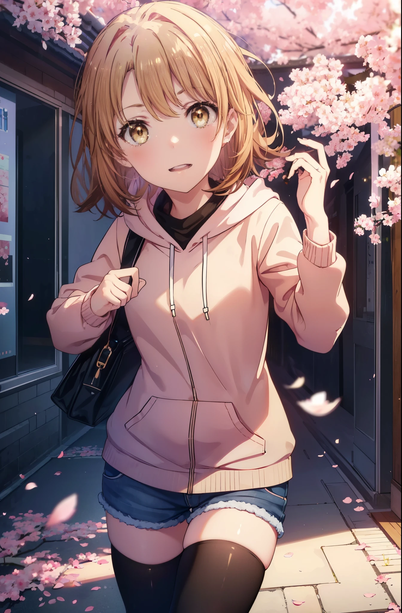 irohaisshiki, iroha isshiki, short hair, brown hair, (brown eyes:1.5), blush,smile,open your mouth,pink hoodie,short denim pants,black tights,knee high boots,Lots of cherry blossoms are blooming,Cherry blossoms are scattered,
break indoors, Cherry blossom tree-lined path,
break looking at viewer,whole body,Upper body,
break (masterpiece:1.2), highest quality, High resolution, unity 8k wallpaper, (shape:0.8), (thin and beautiful eyes:1.6), highly detailed face, perfect lighting, Very detailed CG, (perfect hands, perfect anatomy),