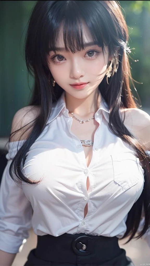 8k quality、Best picture quality、超High resolution、masterpiece、Photorealistic、1 edgy looking girl、Trendy makeup、bob cut、(off-shoulder shirt、Slit skirt、Suitable clothes）、Cecessy、cinematic light、Main character、sweet smile 、Super Slim、g-cup、（Do not wear underwear）、wear tight clothes、thin body、Dynamism、necklace、Start of story、Magazine cover、Focus only on the main character、smooth thighs、