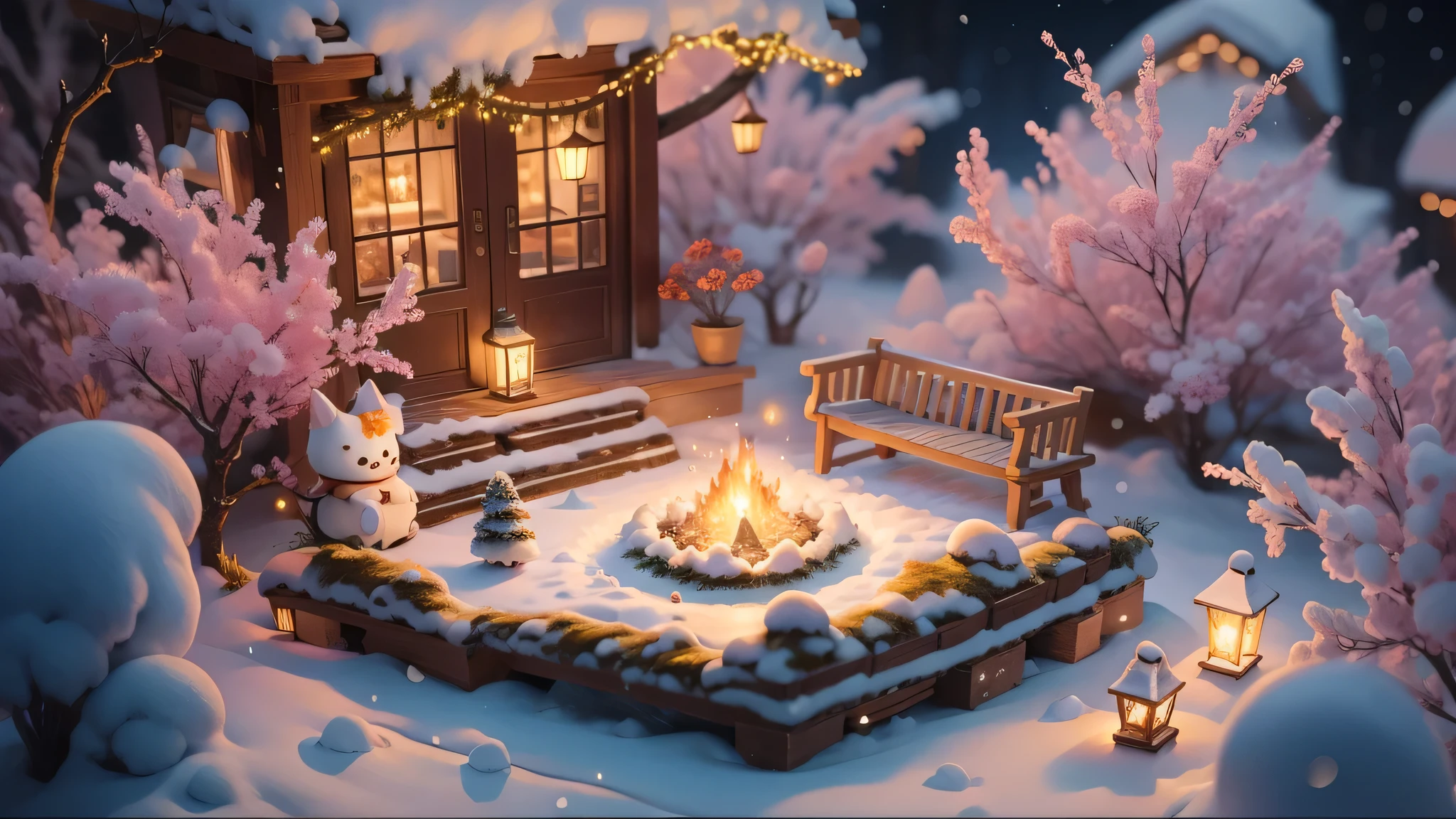 Magic garden miniature scene, delicate snow flowers、soft glowing branches、Illuminated by happy smiling miniatures. 8K Autorealist,snow mountain、fluffy furniture、warm blanket、bonfire、Hot drinks