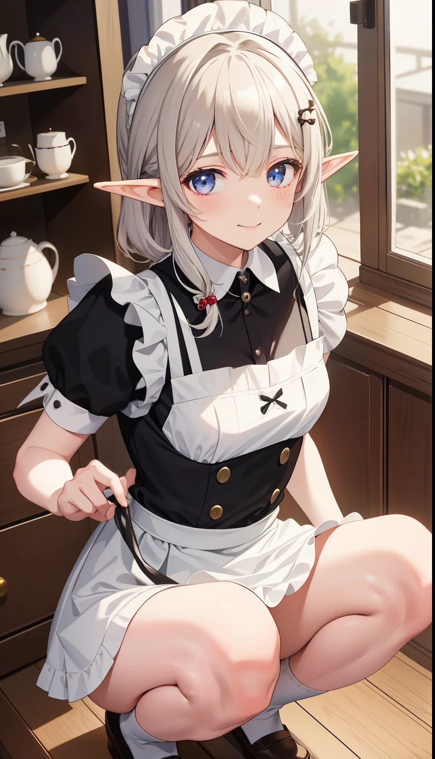 ((Put your hands on your chest)), (surprised)), (Red face), Full body of one girl, Elf, Silver hair, Red eyes, Braid hair, Bob cut, Gothic Lolita, Dress, Ruffles, Indoors, Mirror, TS, Concept art, Beautiful anime scene, Beautiful anime scenery, Best quality, Masterpiece, 4K