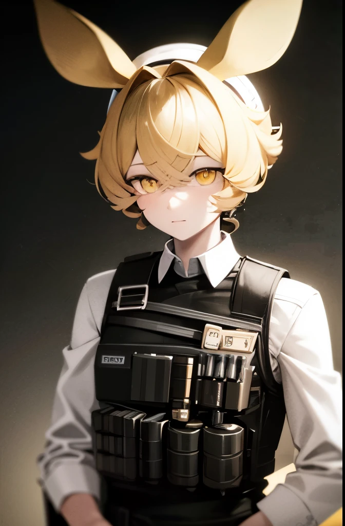  soothing tones, muted colors, high contrast, (natural skin texture, hyperrealism, soft light, sharp), police uniform, tactical vest, jerboa ears, yellow hair, yellow eyes