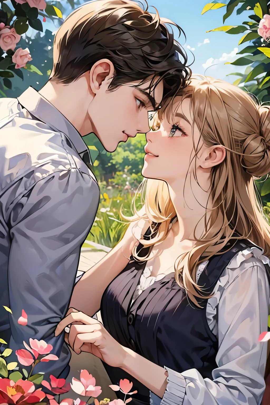 (table top, digital illustration, 4k, 8k, Super detailed, beautiful images, clear image,  perfect face, perfect lines, perfect eyes, soft lighting) 1 female, (light brown hair,bun hair,innocent look,droopy eyebrows,droopy eyes、With a round face,round chin、innocence,cute,Big eyes,natural makeup,smile gently,E cup,23 years old:1.3),Two handsome men in suits, (human,man in suit,muscular,solid shoulder width,  boyish hairstyle,A man in his 30s with a cool expression,28 year old man with a bright smile:1.2),garden full of light、lots of flowers、Squirting、colorful flower light,(embarrassing,shy smile:1.2),resort sofa,kiss、カップルkiss、romance porn、couple of man and woman looking at each other、In battle、Afternoon tea、lunch