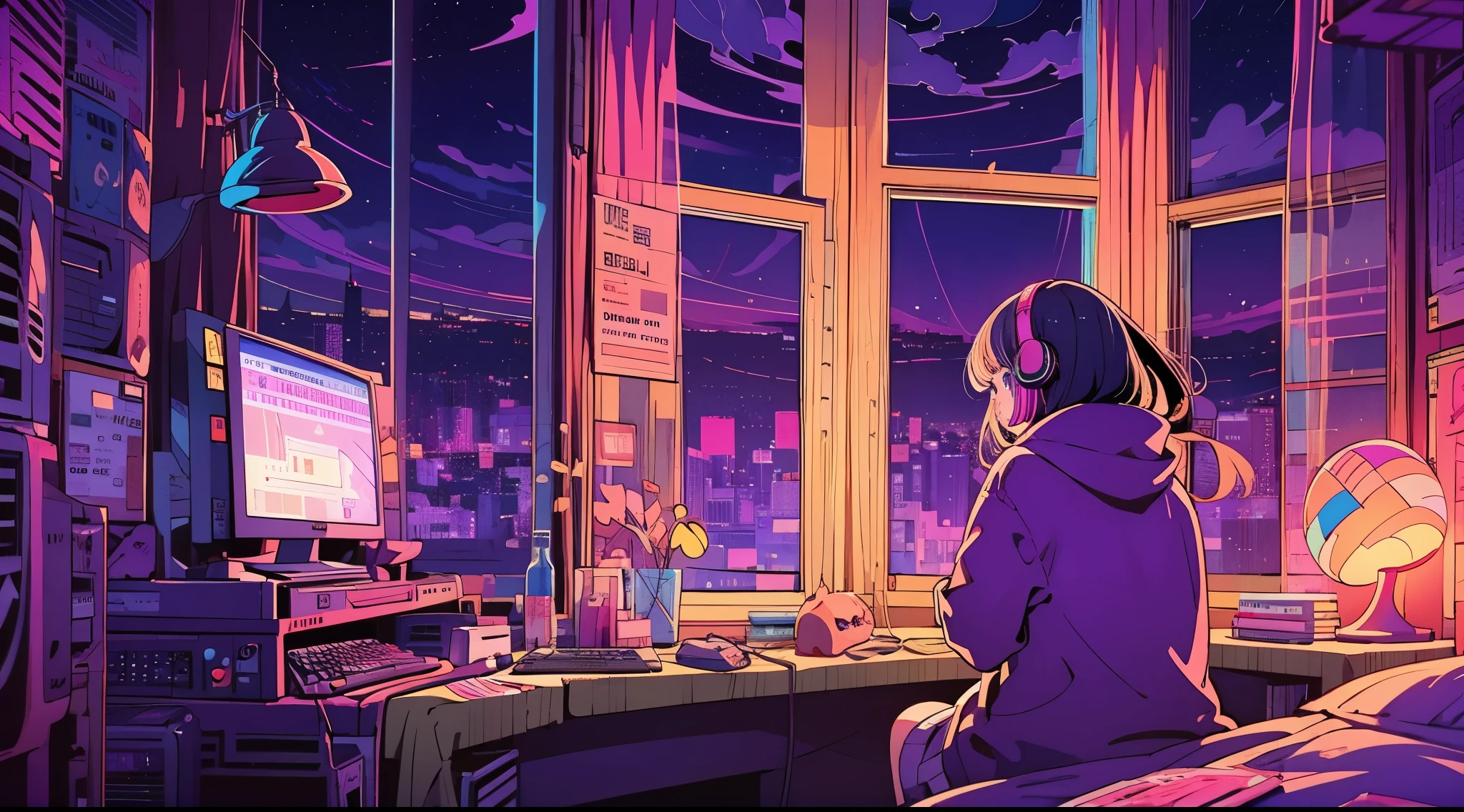 (from behind), Anime girl sitting in front of a computer in a cozy bedroom, girl listening to music in a cozy room (night), Using headphones, on the roof, (beautiful night views from windows), lots of things, 2D anime style, The aesthetics of anime in the 90s, lo-fi, very detailed, hard disk, A mix of anime style and Fujifilm, surreal, 8k, masterpiece