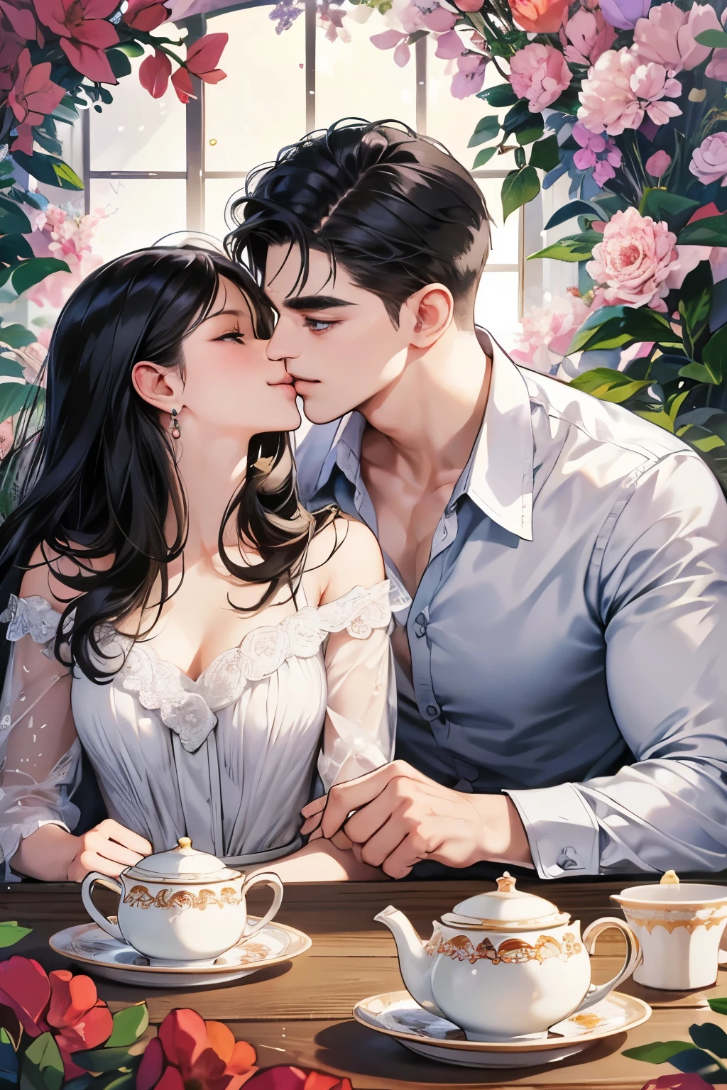 (table top, digital art, digital illustration, 4k, 8k, super detailed, beautiful images, clear image, realistic, RAW photo, perfect face, perfect lines, perfect eyes, soft lighting) ,1 female, (long black hair,straight hair,bullish look,beautiful woman,grace,Make up well,23 is a novel,:1.3),Two handsome men in suits, (human,muscular,solid shoulder width, mens,boyish hairstyle,british gentleman&#39;s style,A man in his 30s with a cool expression,28 year old man with a bright smile:1.2),Show your white teeth and smile(embarrassing,shy smile:1.1),garden full of light、squirt、resort sofa、colorful flowers、innocent smile,smile、couple kissing、kiss、the kiss、romance、Afternoon tea、lunch