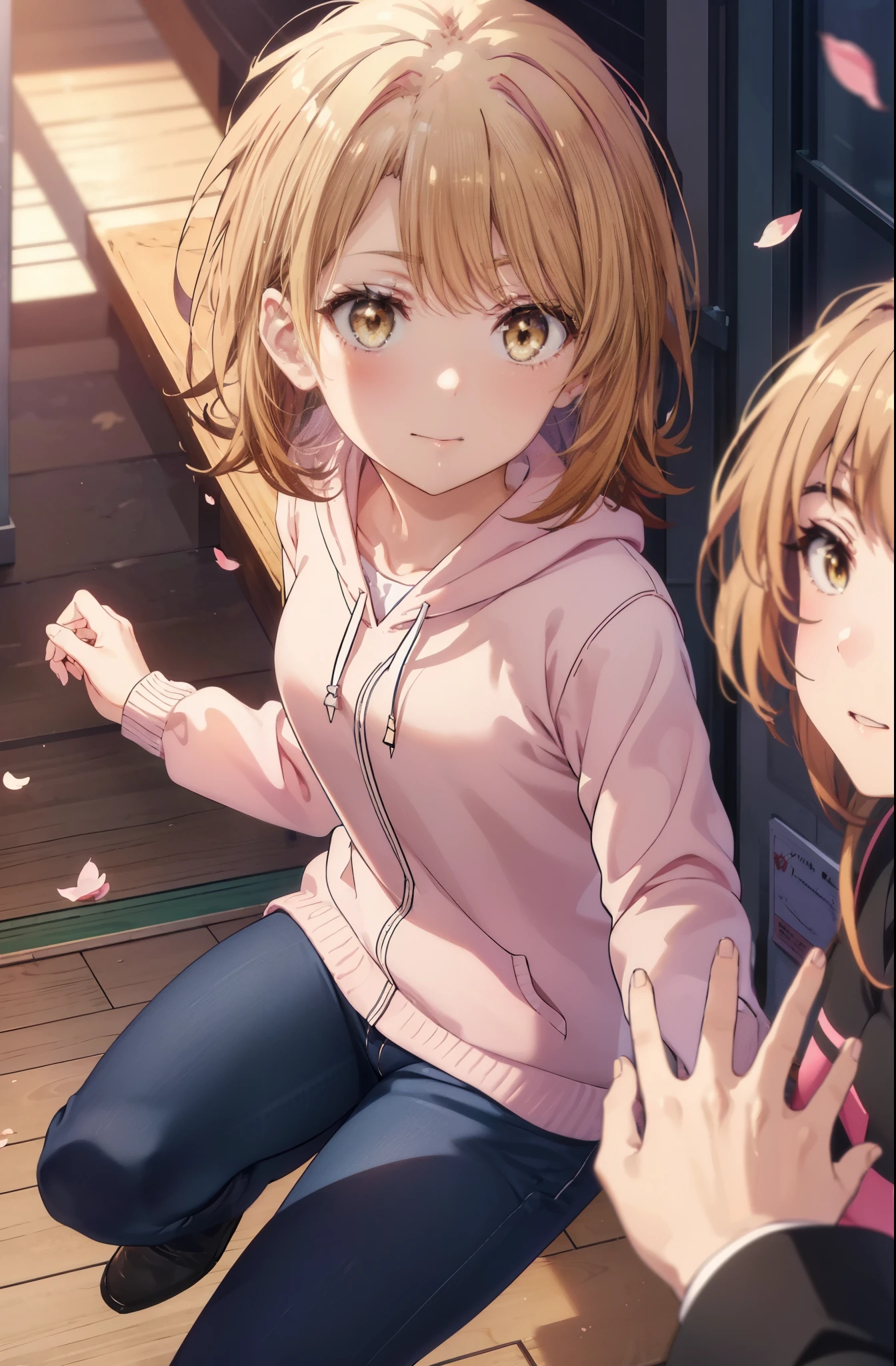 irohaisshiki, iroha isshiki, short hair, brown hair, (brown eyes:1.5), blush,smile,open your mouth,pink hoodie,short denim pants,black tights,knee high boots,Lots of cherry blossoms are blooming,Cherry blossoms are scattered,
break indoors, Cherry blossom tree-lined path,
break looking at viewer,whole body,Upper body,
break (masterpiece:1.2), highest quality, High resolution, unity 8k wallpaper, (shape:0.8), (thin and beautiful eyes:1.6), highly detailed face, perfect lighting, Very detailed CG, (perfect hands, perfect anatomy),
