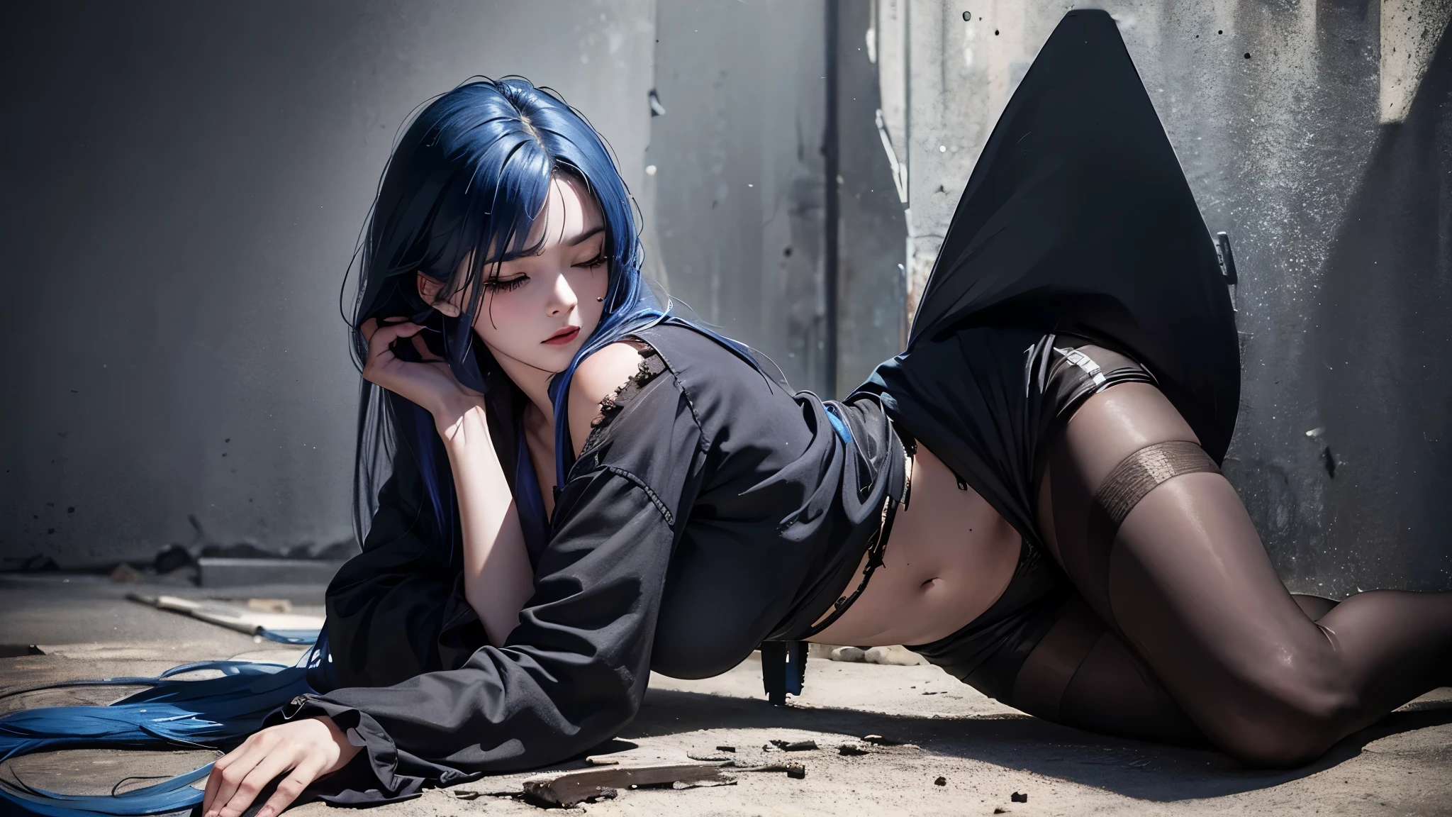 1girl, (nun:1.1), blue hair, messy hair, (braid), young female, ahegao, rolling eyes, (forced by a kidnapper:1.5), spread legs, black thighhighs, long pleated skirt with slits, torn clothes, (veil:1.1), bare breasts, BreastsApart, showing her face