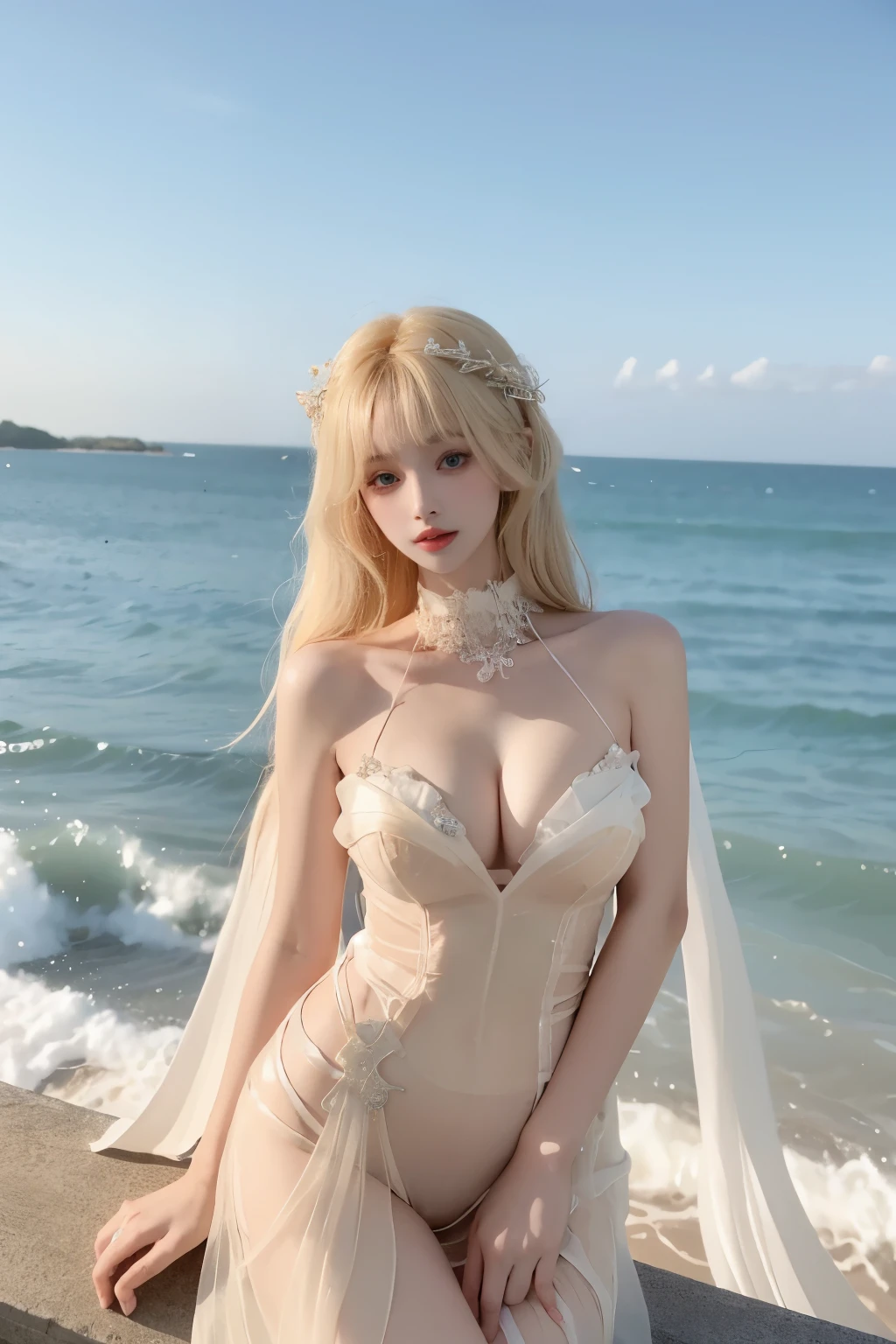 (high quality, Super detailed,)goddess,Tempting, light blonde hair , transparent dress , in the windy sea, whole body, lustful makeup,prominent cleavage