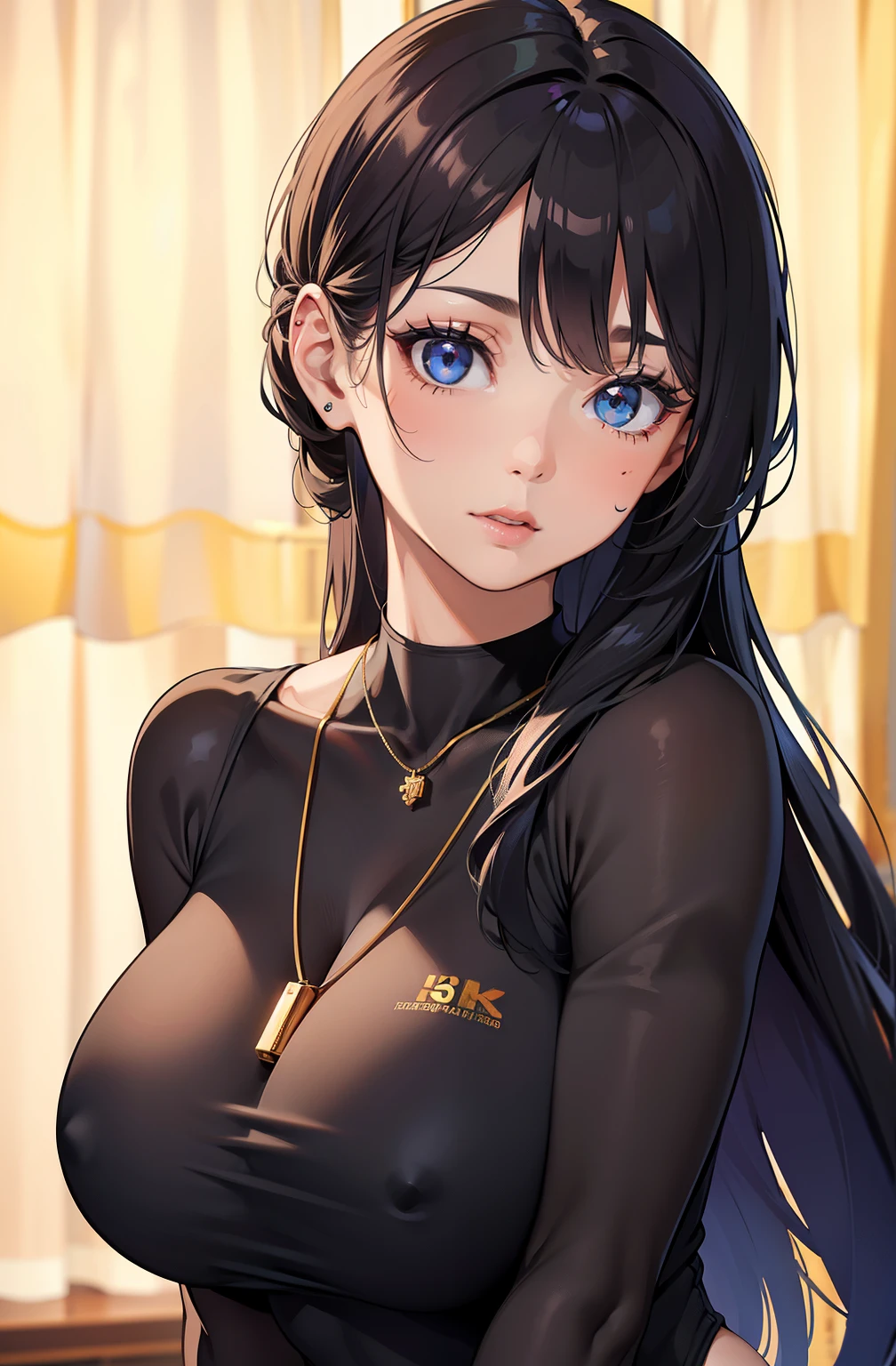 (best quality,4k,8k,high resolution,masterpiece:1.2),super detailed,(actual,realistically,realistically:1.37), Ultra high definition face, A long-haired woman wearing a black top and necklace, black hair, Wearing black tights, big deal breasts, big deal , 巨big deal乳房, crazy swollen breasts, The breast is big dealr than the shoulder blade, Breast sagging, fitness model, red face