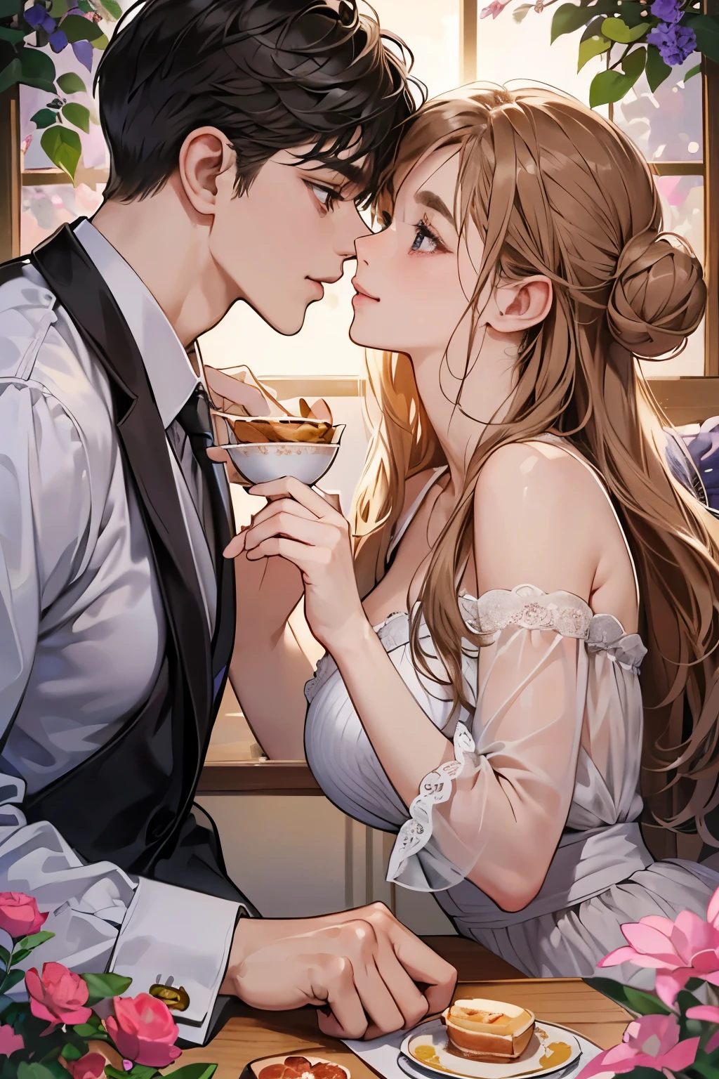 (table top, digital illustration, 4k, 8k, Super detailed, beautiful images, clear image,  perfect face, perfect lines, perfect eyes, soft lighting) 1 female, (light brown hair,bun hair,innocent look,droopy eyebrows,droopy eyes、With a round face,round chin、innocence,cute,Big eyes,natural makeup,smile gently,E cup,23 years old:1.3),Two handsome men in suits, (human,man in suit,muscular,solid shoulder width,  boyish hairstyle,A man in his 30s with a cool expression,28 year old man with a bright smile:1.2),garden full of light、lots of flowers、Squirting、colorful flower light,(embarrassing,shy smile:1.2),resort sofa,kiss、カップルkiss、romance porn、couple of man and woman looking at each other、In battle、Afternoon tea、lunch