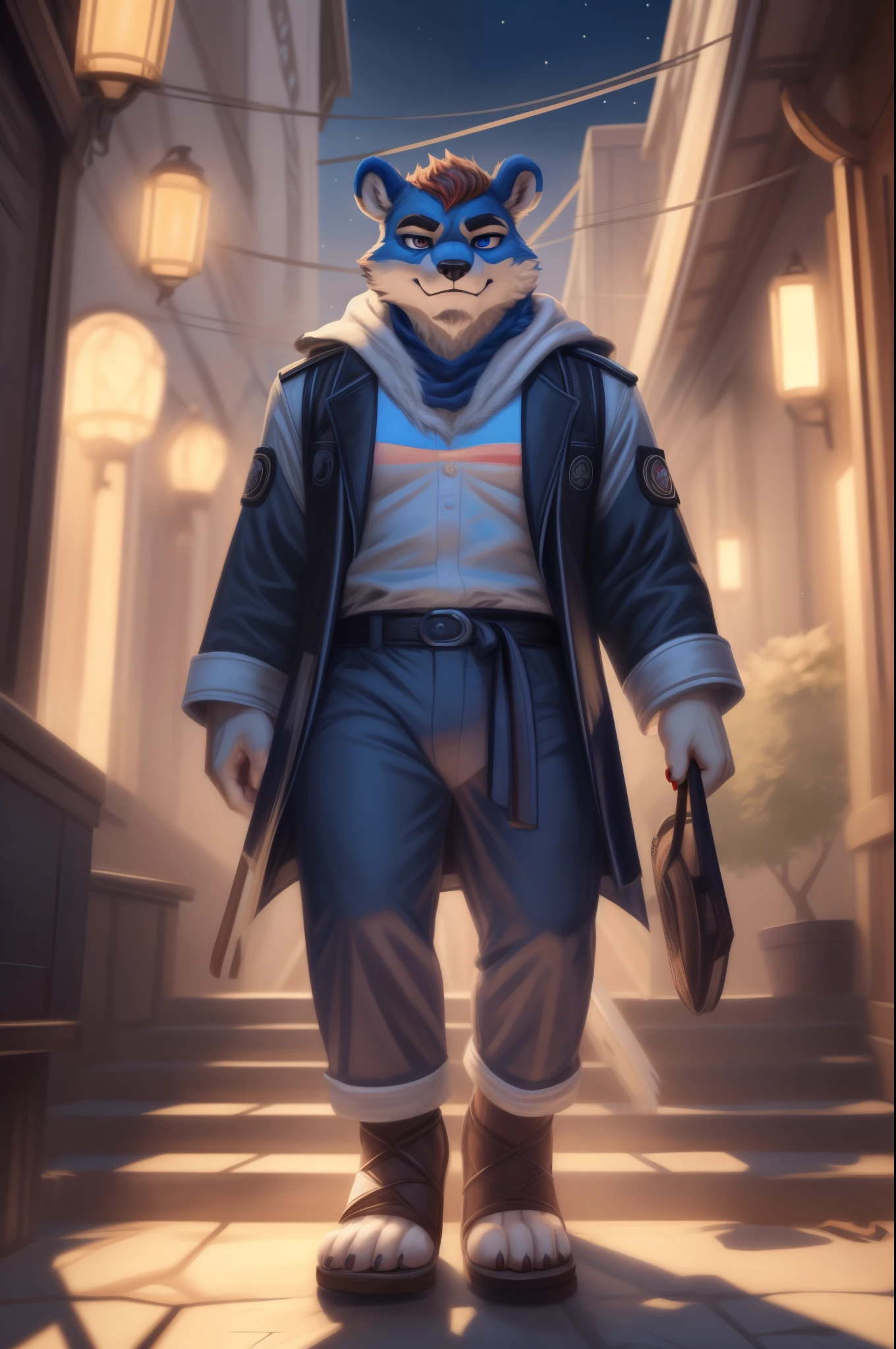 (((furry character, full body, furry male.))) Ice bear boy sleepwalking on night street, hypnotised brawny boy wears blue pajama (long pants), wears black leather sandals BREAK, detailed background, 8K, (masterpiece:1.5), intricate details, highly detailed, extreme detail, octane render, anime, fine art, best quality, highres, (detailed face:1.5), ((full_body)), UHD, (((perfect hands))), low ligth:1.2