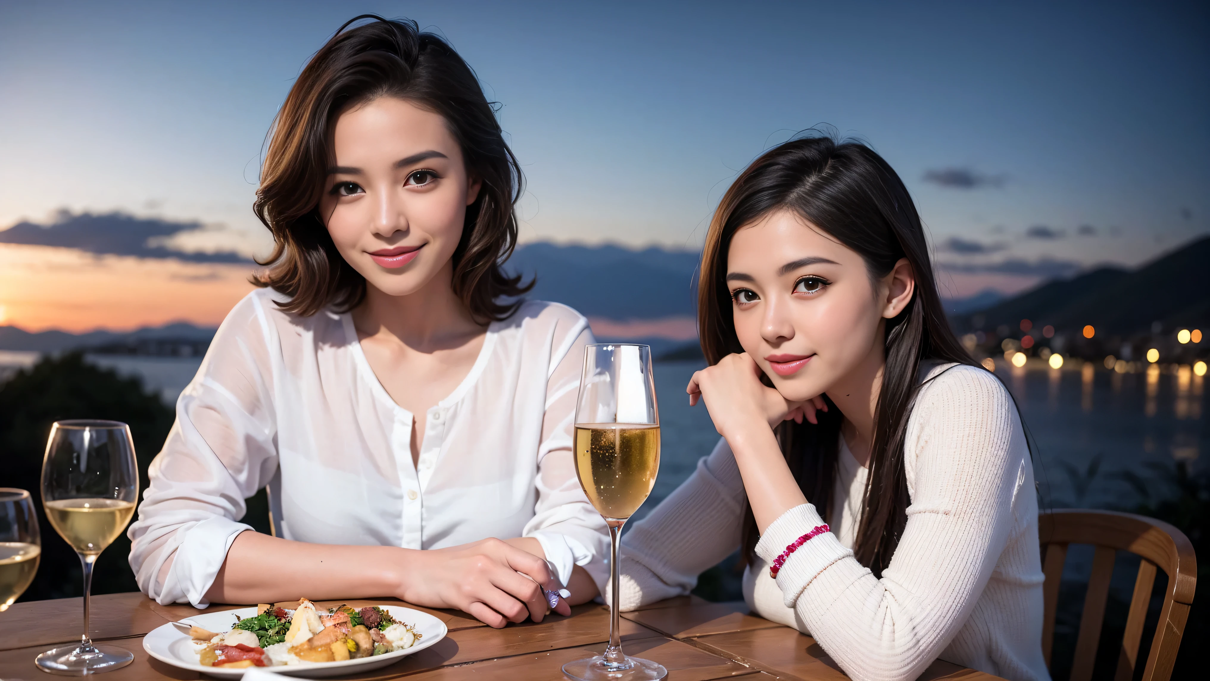 (including 64k, nffsw, highest quality, table top: 1.2), (realistic, photorealistic: 1.37), Spectacular view of the sunset sky and clouds、Amazing mountain views、long sleeve shirt、winter fashion、Columbia、Brazilian、Japanese、Dutch、German、Portuguese、Belgian、Italian、French,Champagne、sparkling wine、 (slimフェイス), (slimボティ), (brown hair), (shortcut), neat beauty、cheeks turn a little red, (35 years old), 38 years old, alone, 窓の外には美しく緻密なnight景が広がります., restaurant, wine glassが座っている, nightに, in a prominent place (from the Upper body) nova frog style, actress, model, Upper body, White wine, slim, wine glass, Super Clean night View, wine glass Put in the Middle, Happy smile, (smile: 1.15), beautiful and detailed eyes, Upper body, bust japan up, night, short, short, actress, model, Upper body, White wine, slim, wine glass, Super Clean night View, wine glass Put in the Middle, Happy smile,