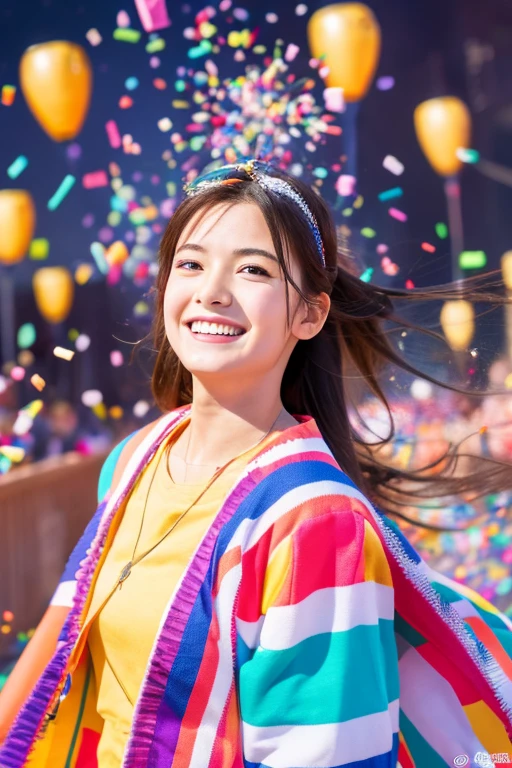masterpiece,highest quality,Super detailedな,Super detailed,4k,8k,3D,1 girl,smile,colorful,whole body,Covered with sweets scattering,particle,the wind is strong,