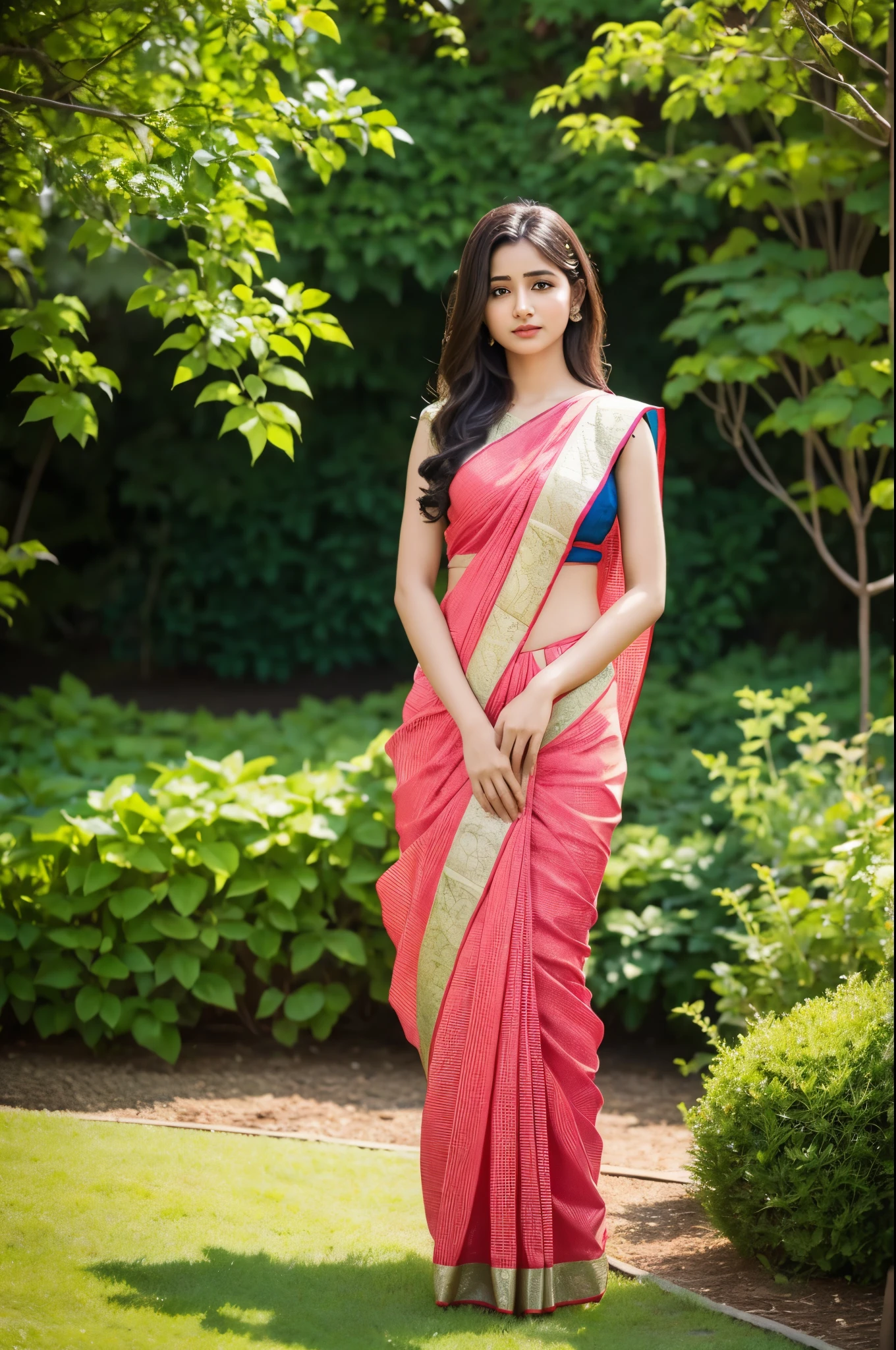 A girl standing in the garden with saree out fit