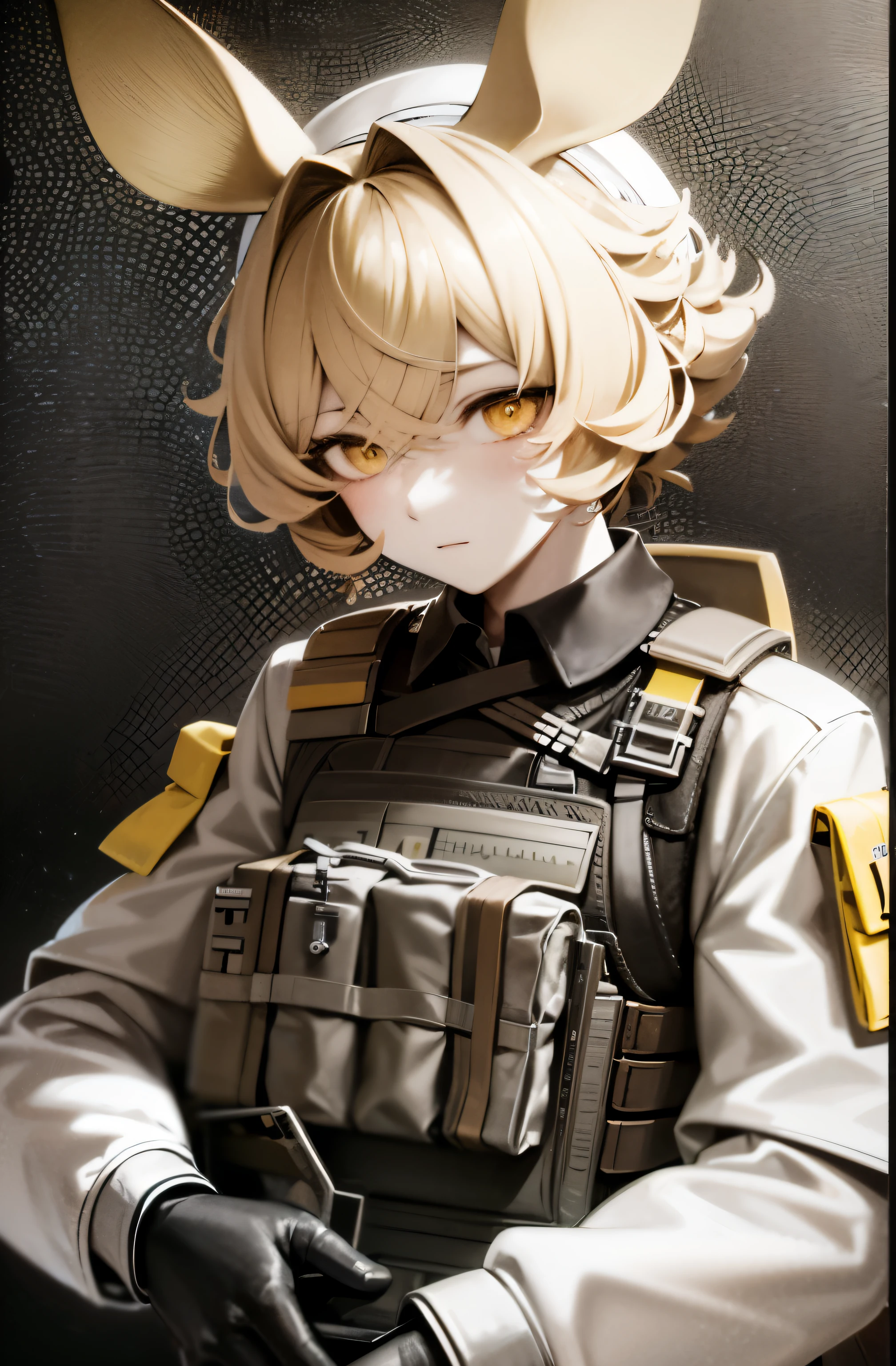  soothing tones, muted colors, high contrast, (natural skin texture, hyperrealism, soft light, sharp), police uniform, tactical vest, jerboa ears, yellow hair, yellow eyes