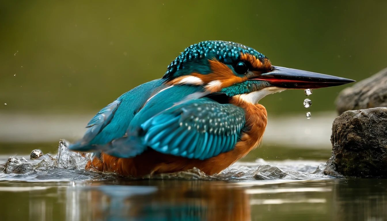The kingfisher shines like a jewel, about to dive into the river.
