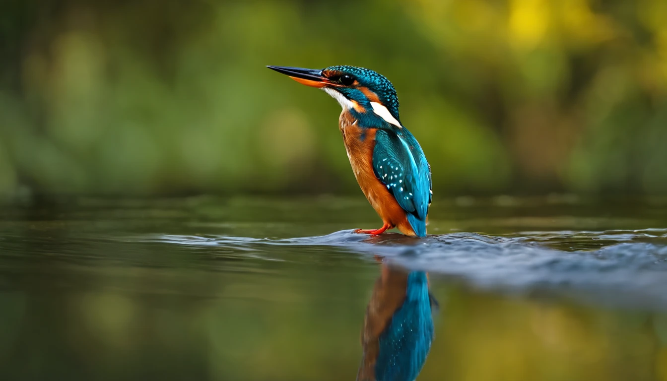 The kingfisher shines like a jewel, about to dive into the river.