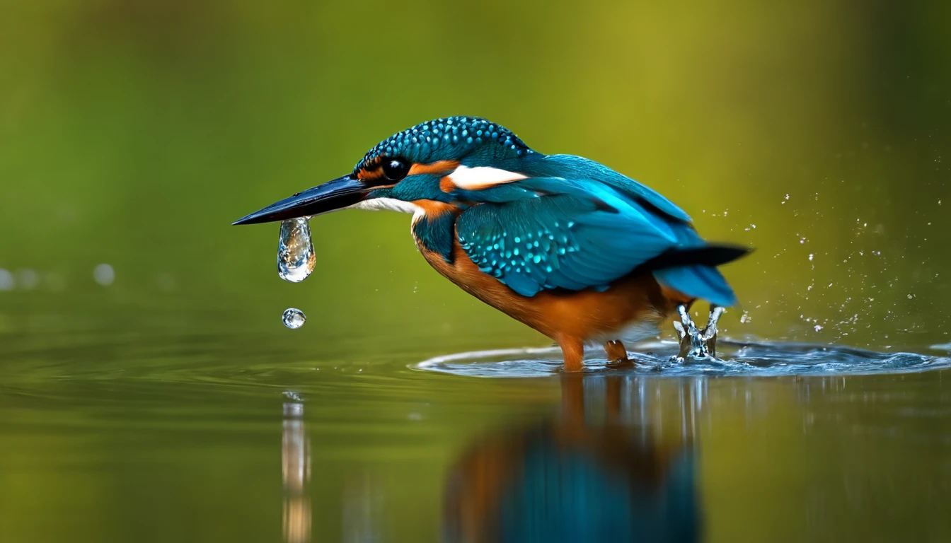 The kingfisher shines like a jewel, about to dive into the river.