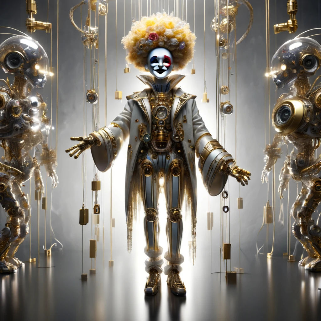 High Resolution, High Quality, Masterpiece. High-tech futuristic Pierrot puppets with laser beams as threads, intertwined with gold and silver wires in a full-body view, infused with acrylic aesthetic, layered with gears, standing against a surreal cyberpunk backdrop, volumetric light casting auras and rays, highlighting vivid color reflections, amidst a mythical creature presence, octane rendering, 32k resolution, achieving a perfect composition, photorealistic concept art, with soft volumetric cinematic light in the style of chiaroscuro, rendered in unreal engine, photorealistic, intricate detailing enhancing hyperrealistic forms, 