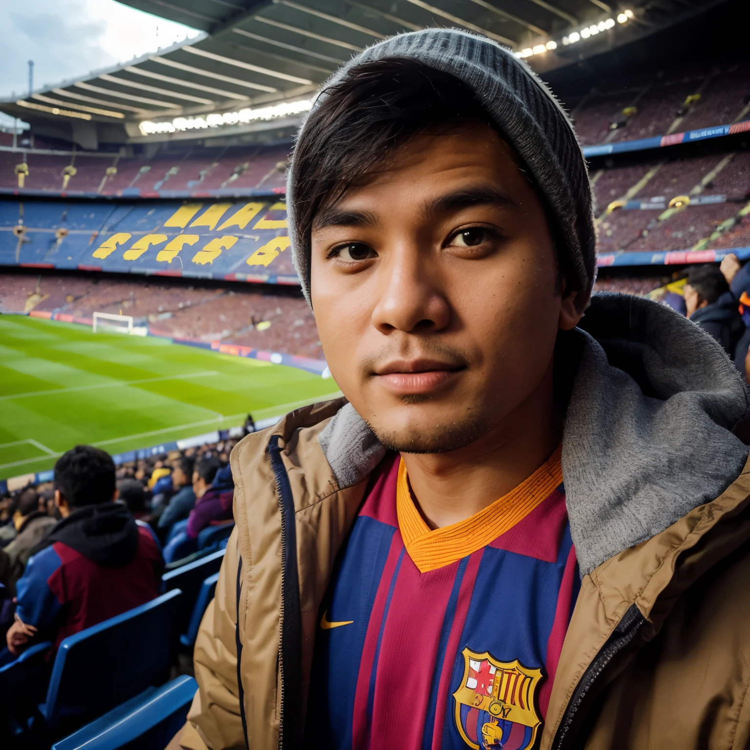 A 32 year old young man from Indonesia, with a slightly chubby face, wearing winter clothes, a Barcelona jersey and sneakers, is standing watching the match at Barcelona's Camp Nou Stadium, Barcelona's Camp Nou stadium in the background. ultra HD, real photo, very detailed, very sharp, realistic, photography, leica camera.
