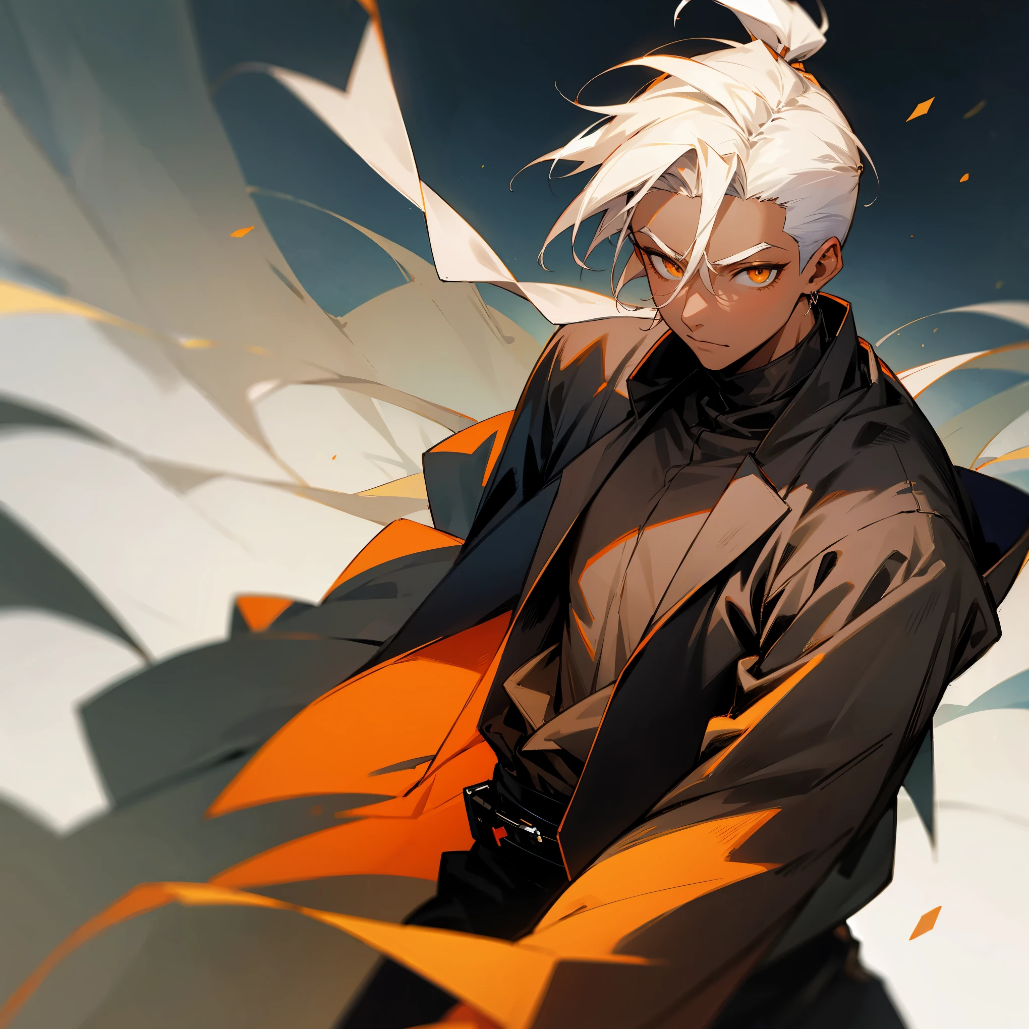 1male, dark skin, white hair, modern undercut, Black jedi clothing, temple, facing viewer , Yellowish Orange Eyes