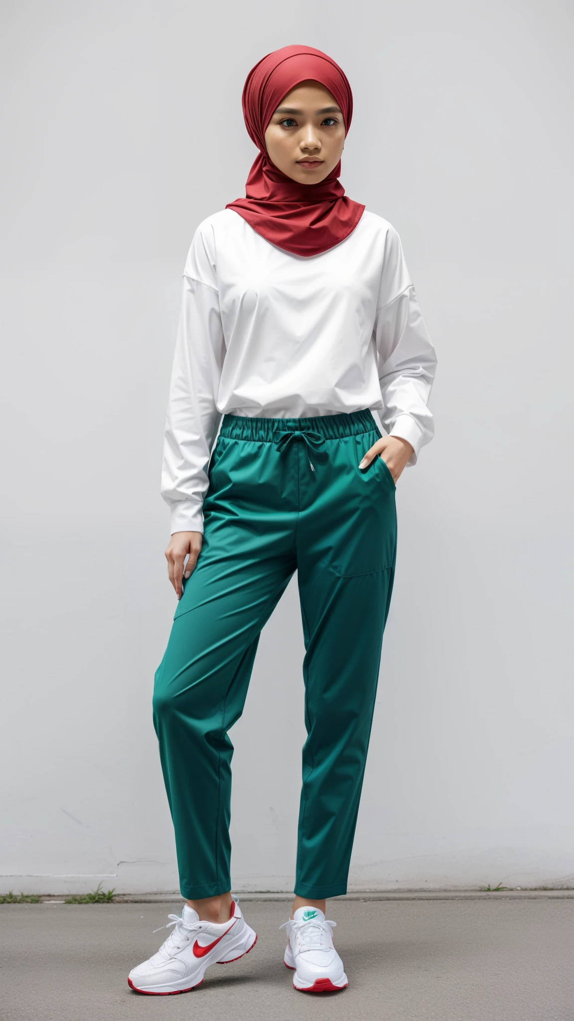 a malay woman in hijab wearing a white shirt and red pants is playing video game, simple style, wearing elegant casual clothes, muted red, simple clothes, milk and red style, casual clothing style, modern fashion outfit, wearing a fisher , casual modern clothing, inspo, red clothes, red pants, neutral tones, red and white color scheme, casual business outfit, cute face, nike shoes, , adult face, and gleaming detailed emerald green eyes