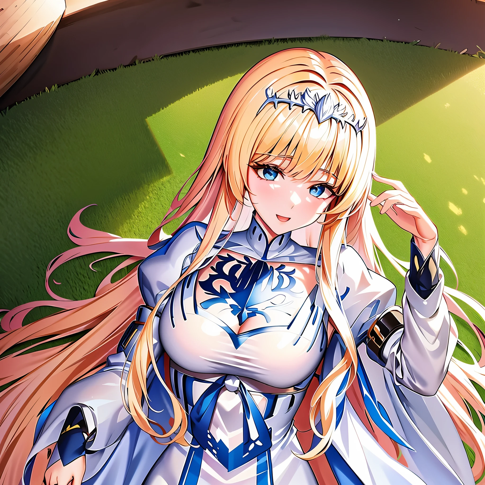 best quality
masterpiece
ultra detailed
girl angel 
bunch of flowers
white long hair
cute,1girl, Calca, blonde hair, extremely long hair, white tiara, tiara on her head, white dress, blue eyes, medium breasts, large angel wing