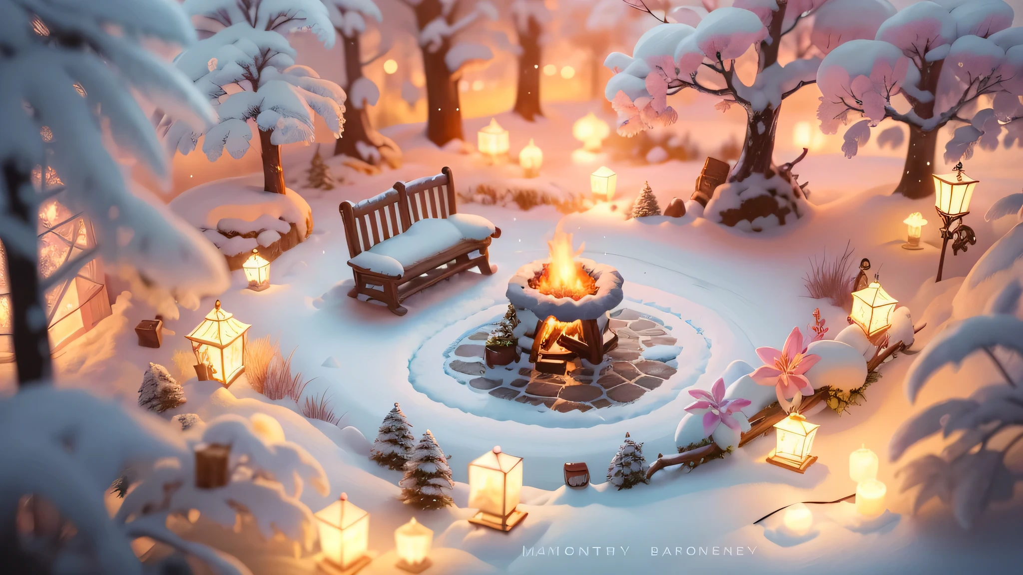 Magic garden miniature scene, delicate snow flowers、soft glowing branches、Illuminated by happy smiling miniatures. 8K Autorealist,snow mountain、fluffy furniture、warm blanket、bonfire、Hot drinks