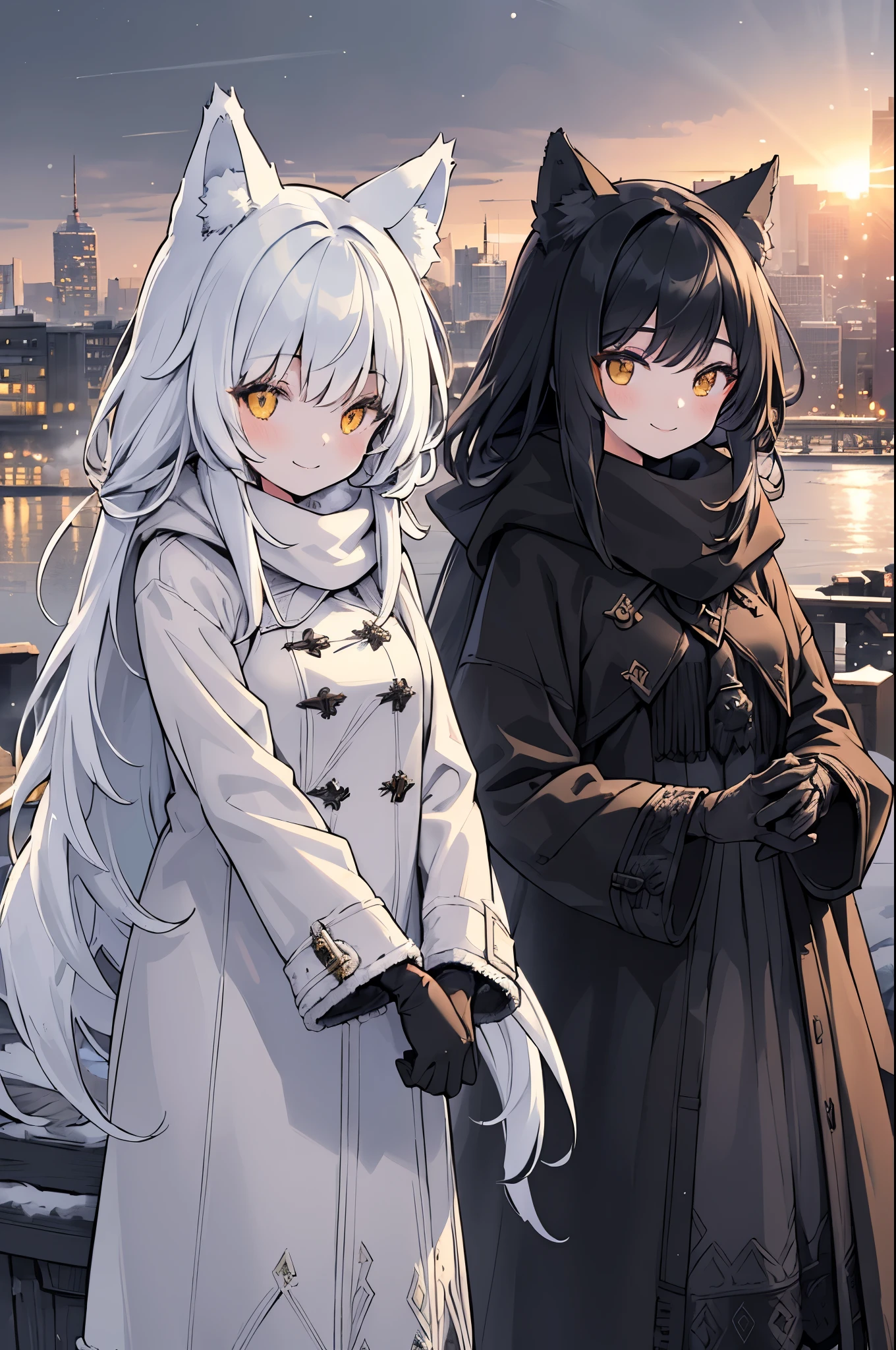 (best quality:1.05), 2 women, winter clothes, Detailed clothes, high quality winter clothes, intricate details, Gloves, smiling, cold, city, eye, eyeing, sun rays, shining, dawn, setting sun, wolf ears, black winter coat, dynamic lighting, intricate details,