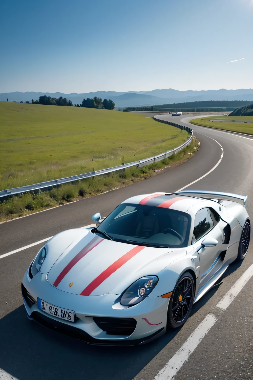 ((masterpiece, best quality)), daytime, Porsche 918,Body color is gradient blue，Wheels available in red and black， driving on asphalt road，The background is vast grassland and white sky, 车 sideways, The car between the sky and the grassland, View from the side, The car is very fast，There is an afterimage on the ground, The incident occurred about 20 meters away, above the road, morning, The whole scene sparkles
