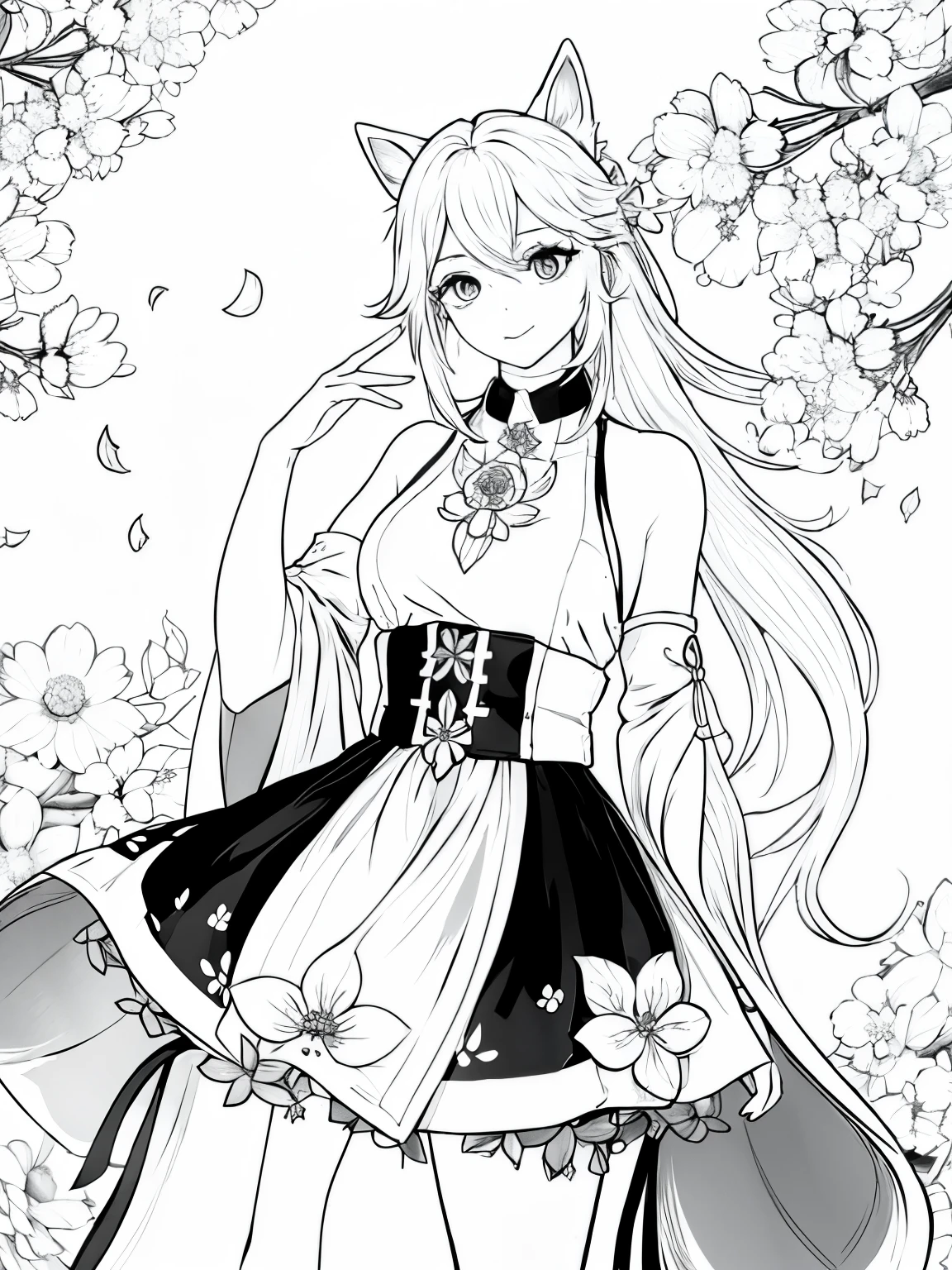 genshin_impact, crystalfly_(genshin_impact), yae_miko, kusunokinawate, 1girl, animal_ears, bangs, breasts, cherry_blossoms, cowboy_shot, detached_sleeves, earrings, falling_petals, floating_hair, floppy_ears, floral_print, flower_knot, fox_ears, hair_between_eyes, hair_ornament, hand_up, japanese_clothes, jewelry, long_hair, long_sleeves, looking_at_viewer, medium_breasts, nontraditional_miko, petals, purple_eyes, red_skirt, ribbon_trim, shirt, sidelocks, skirt, sleeveless, sleeveless_shirt, solo, tassel, thighs, turtleneck, white_sleeves, wide_sleeves