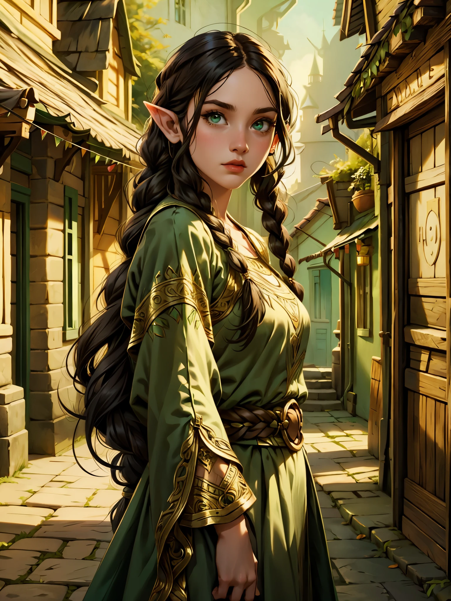 Female elf, long black hair, braided hair, brunette, round face, green and white clothes, in a fantasy town, fantasy character