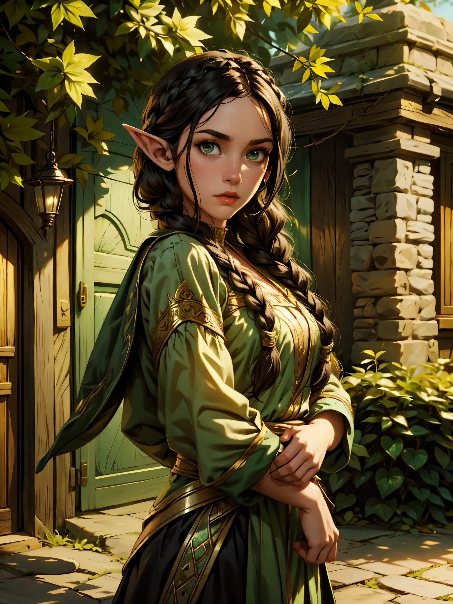 Female elf, long black hair, braided hair, brunette, round face, green and white clothes, in a fantasy town, fantasy character