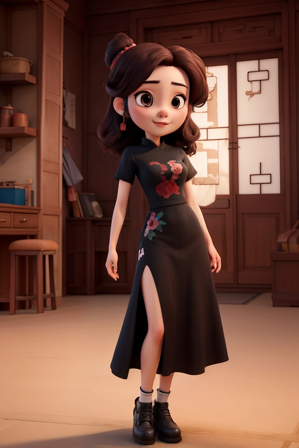 ((best quality)), ((masterpiece)), (detailed), perfect face,A Chinese woman,Black T-shirt on top,90s dress up