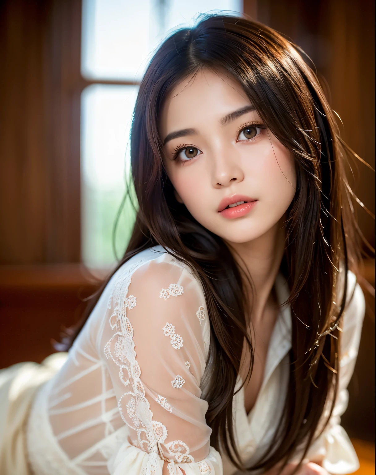 best quality, face focus, soft light, ultra high res, (photorealistic:1.4), RAW photo,
1 Chinese girl, solo, cute, (pupil, lights in the eyes), detailed beautiful face, (),(high resolution detail of human skin texture),
(long hair),
indoor,
Damask Shirt Dress,
(portrait)