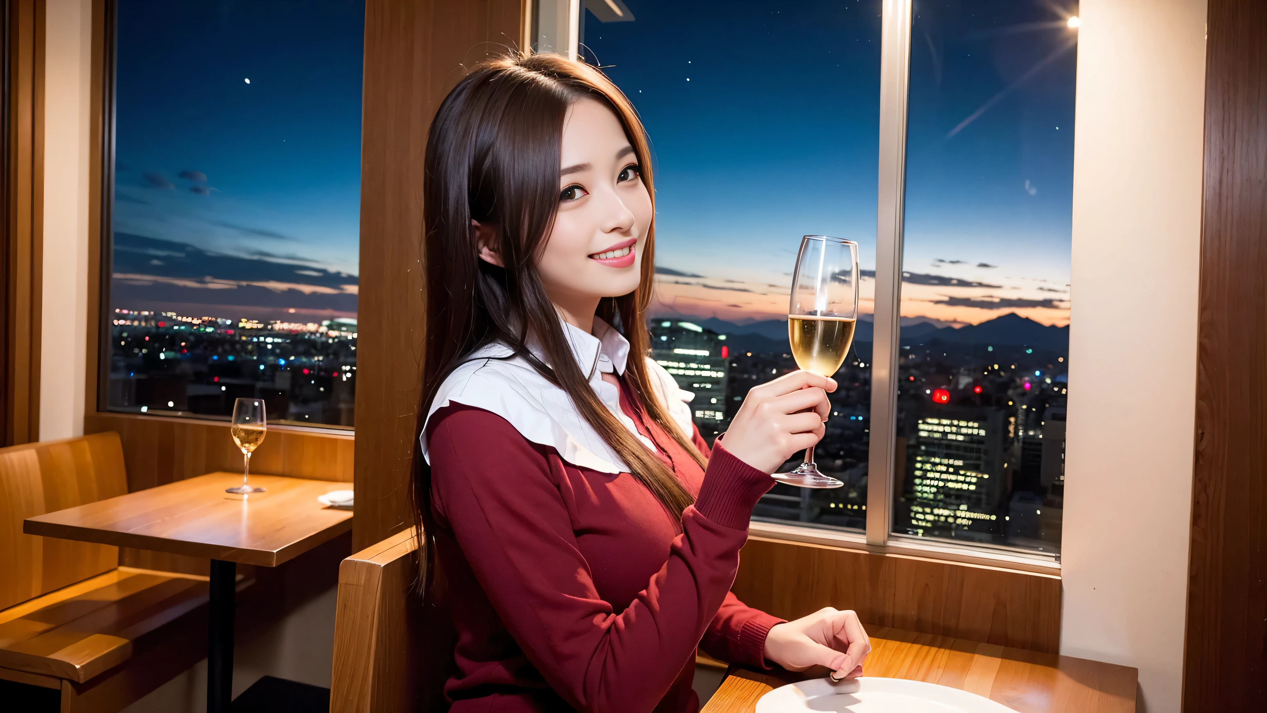 (including 64k, nffsw, highest quality, table top: 1.2), (realistic, photorealistic: 1.37), Spectacular view of the sunset sky and clouds、Amazing mountain views、long sleeve shirt、winter fashion、Columbia、Brazilian、Japanese、Dutch、German、Portuguese、Belgian、Italian、French,Champagne、sparkling wine、 (slimフェイス), (slimボティ), (brown hair), (shortcut), neat beauty、cheeks turn a little red, (35 years old), 38 years old, alone, 窓の外には美しく緻密なnight景が広がります., restaurant, wine glassが座っている, nightに, in a prominent place (from the Upper body) nova frog style, actress, model, Upper body, White wine, slim, wine glass, Super Clean night View, wine glass Put in the Middle, Happy smile, (smile: 1.15), beautiful and detailed eyes, Upper body, bust japan up, night, short, short, actress, model, Upper body, White wine, slim, wine glass, Super Clean night View, wine glass Put in the Middle, Happy smile,