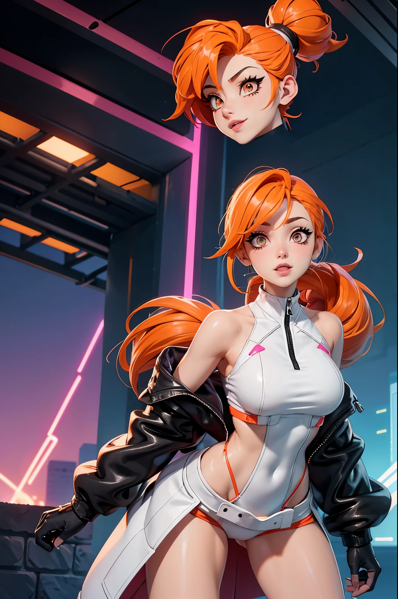 Draw a manga-style character with a physical appearance with this form of the hair Orange with black highlights, tied into glow two ponytails shaped like , Pink color eyes, bright, and expressive and Build Slim and athletic, Attire Upper Body White leather jacket with cyberpunk details, such as integrated LED lights or futuristic lines, Lower Body Sporty bikini in orange, white, and black colors, blending with the cyberpunk style while allowing freedom of movement for physical activities, Personality Creative and curious Always seeking new experiences and forms of expression, Her creative mind drives her to constantly explore new ideas and concepts,glow bikini suggestive, white skin girl,smile coquette, big  , ojos color rosa, mini skirt, muslos, senos visibles, side 