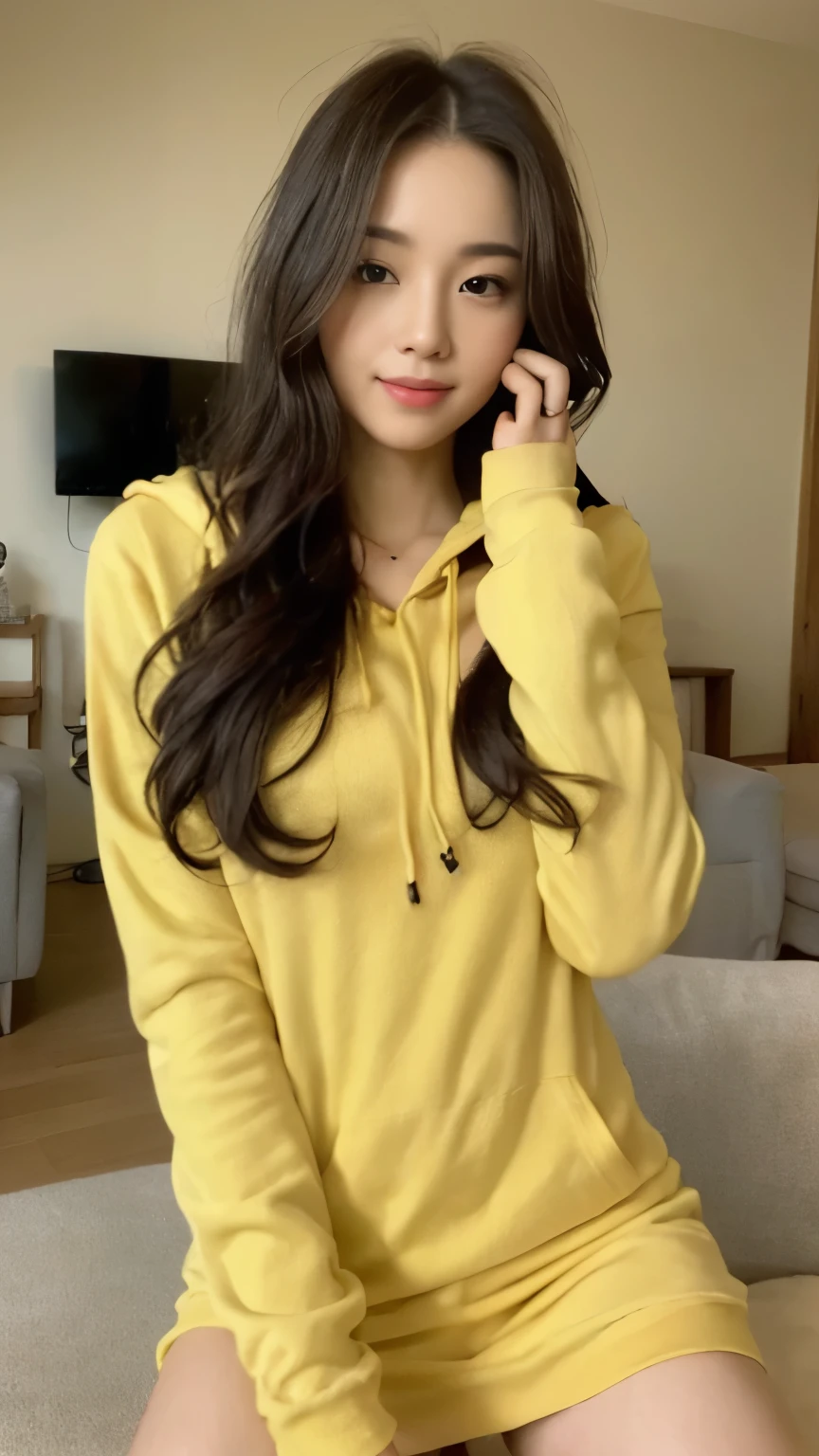 ((top-quality、8k、​masterpiece:1.3))、Beautiful woman with perfect body:1.4、slim abdomen:1.2、Longhair, normal breast, Highly detailed facial and skin texture, A detailed eye, delicate eyes, double eyelid, (smile), (full body shot), ((living room)), (sitting on sofa), ((wearing yellow hoodie)), looking in front